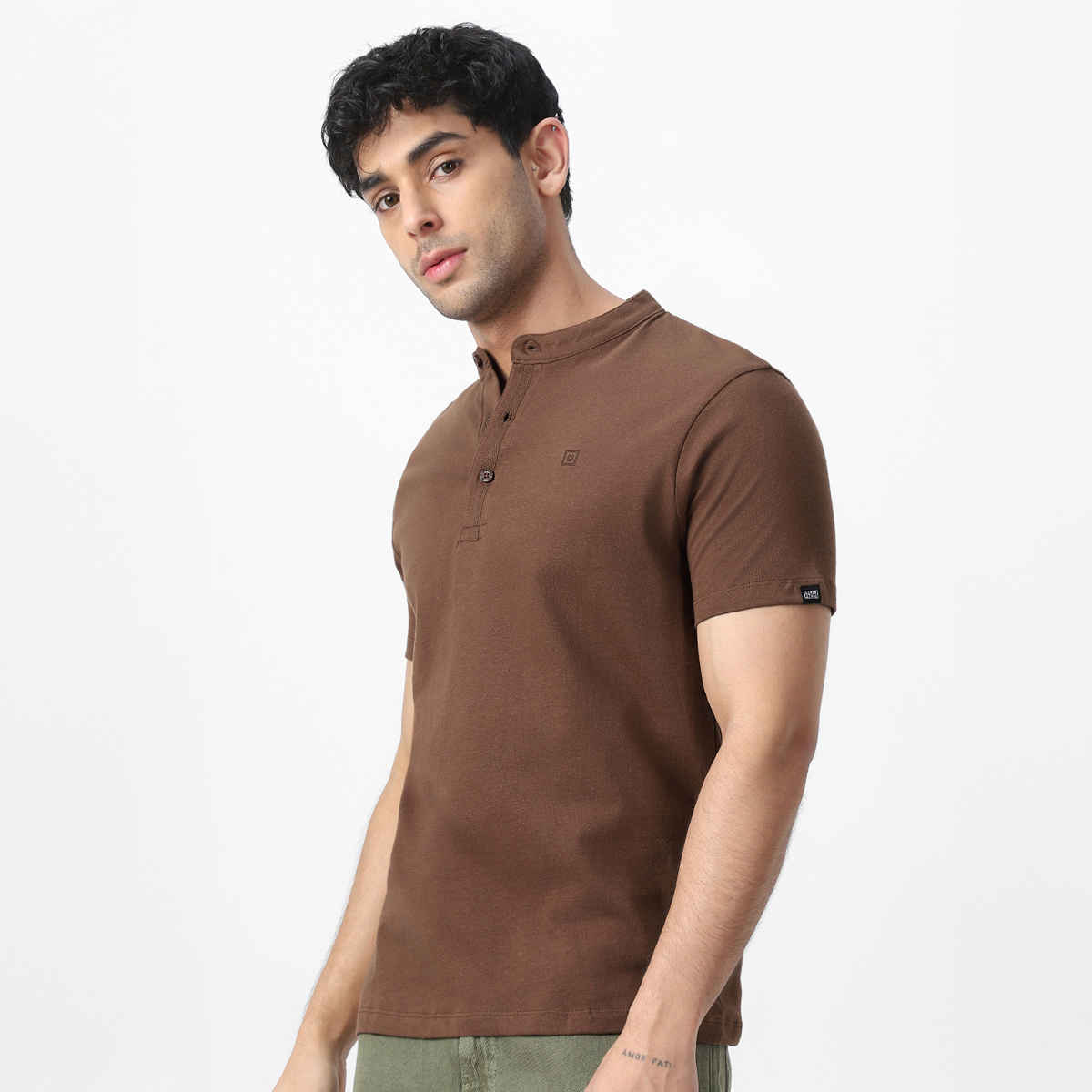 Urbano Fashion Men's Slim Fit Solid Mandarin Collar Half Sleeve Cotton T-Shirt | Cocoa Brown - XL