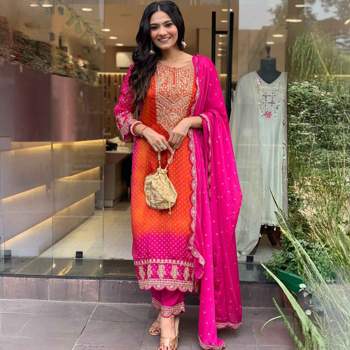 GoSriKi Women's Rayon Blend Straight Embroidered Kurta with Pant & Dupatta | LASIVAN | Pink - XL