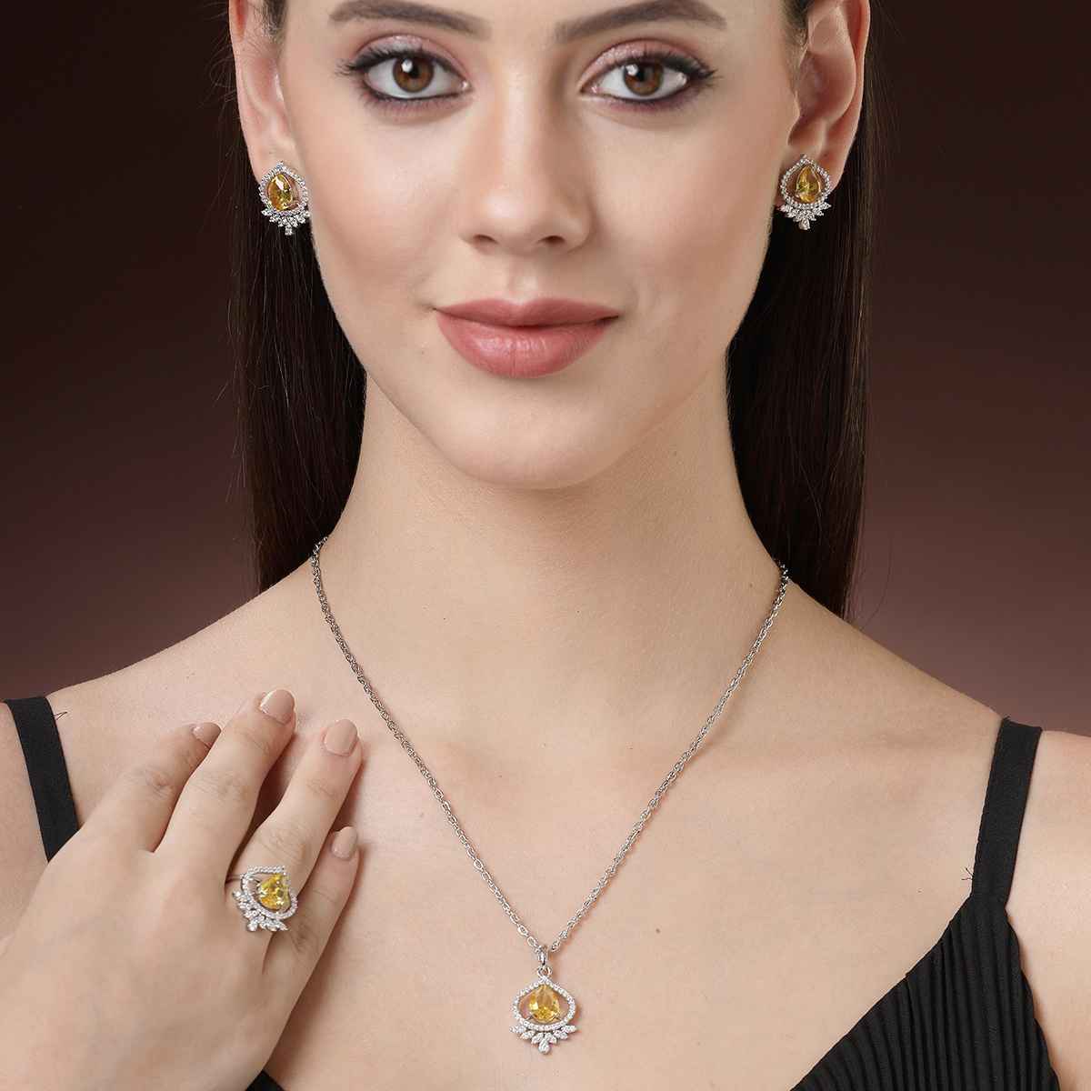 Zeneme Silver-Plated AD Studded Trilliant Crystal Yellow Necklace Earrings Ring For Women & Girls