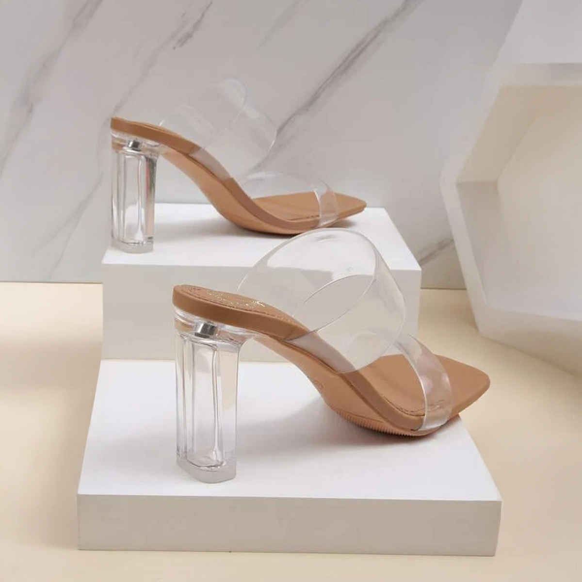 Shoetopia Stylish Trasparent Detailed Beige Block Heels For Women | UK 4