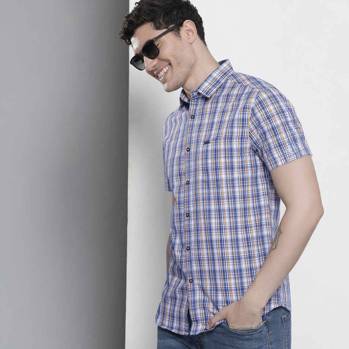 The Indian Garage Co Men's Slim Fit Checked Casual | Blue | XL