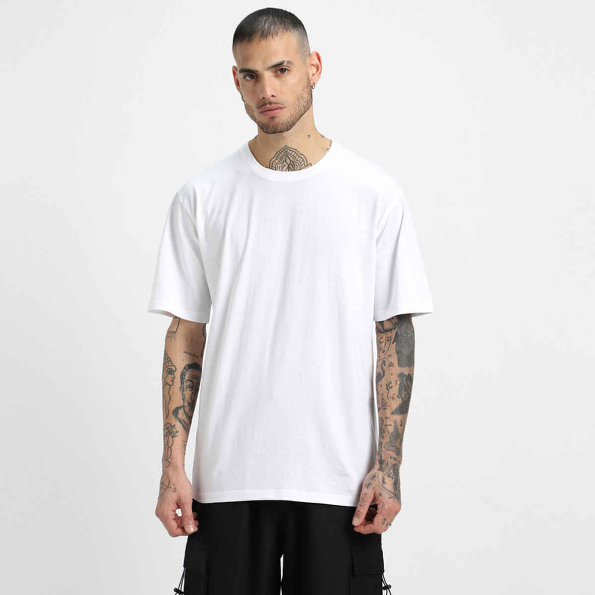 Veirdo Pure Cotton Oversized Fit Round Neck White T-Shirt For Men - S