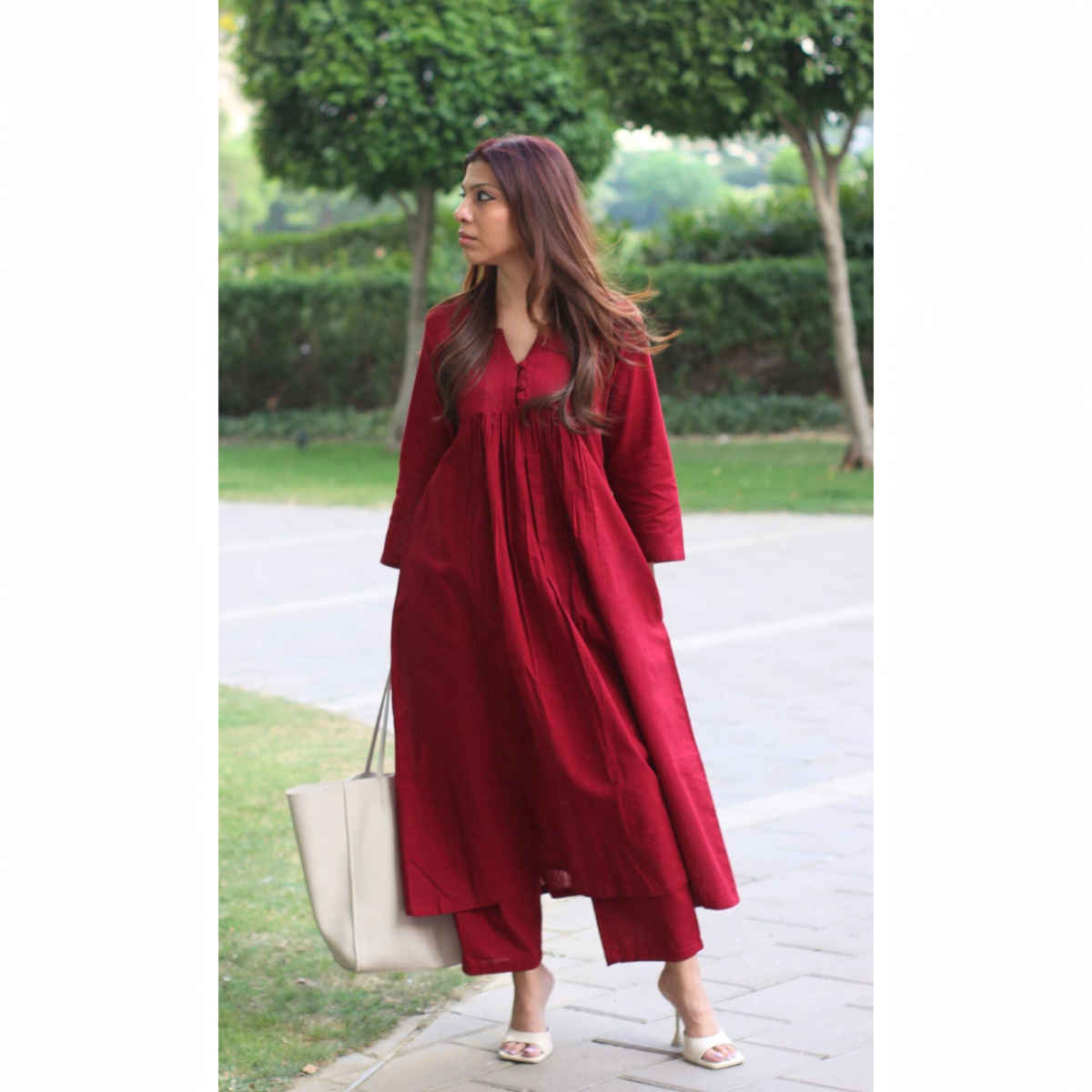 GoSriKi Women's Viscose Rayon Anarkali Solid Kurta with Pant | ANVI | Red - XL