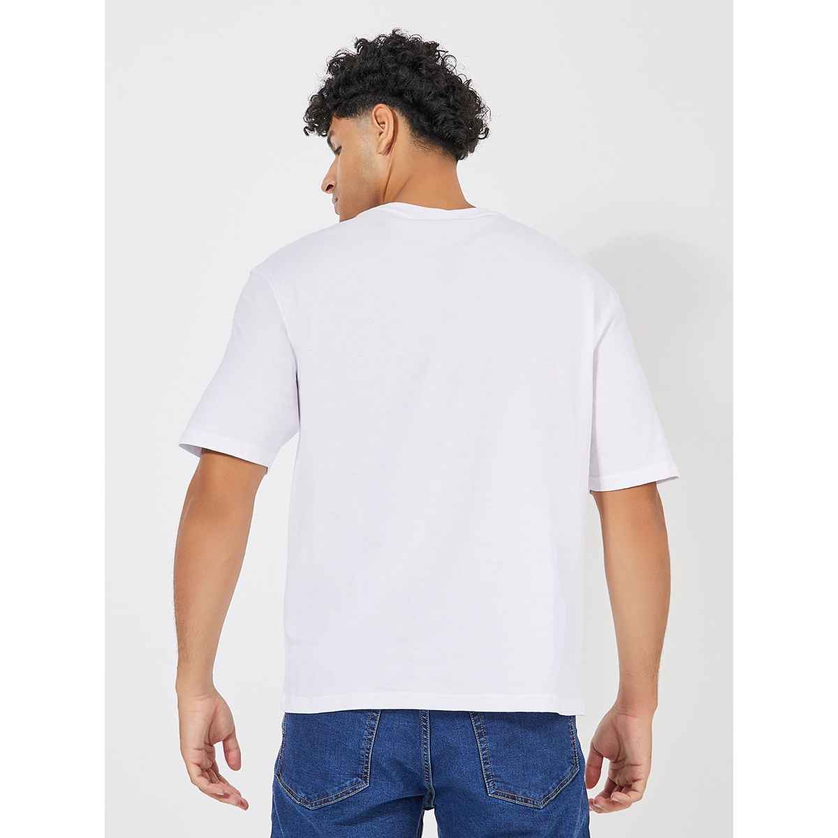 Styli Men's Oversized Tee with Nirvana Graphic Sticker Print | White - M