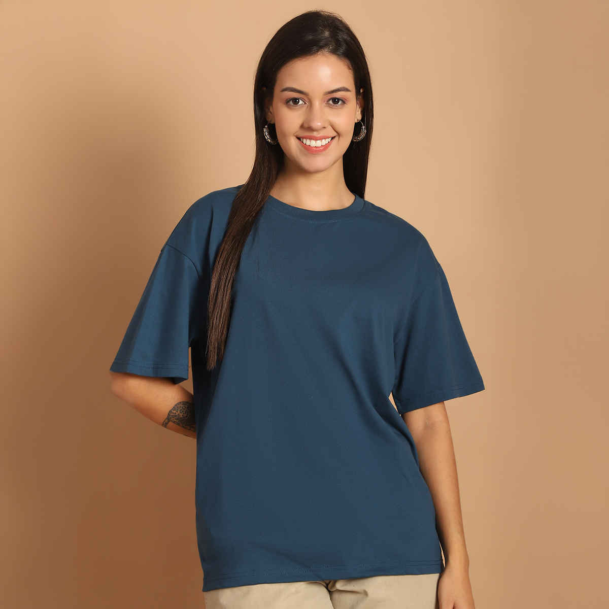 Fabflee Women Oversize Cotton Printed Round Neck Tshirt | Blue | FAB-OS-507 | L