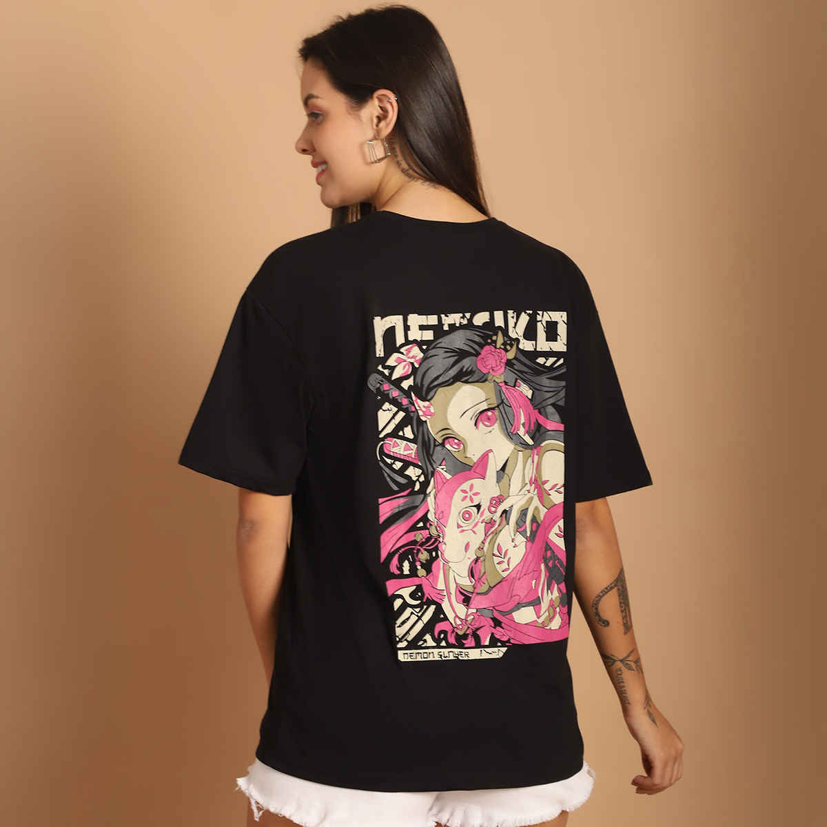 Fabflee Women Oversize Cotton Printed Round Neck Tshirt | Black | FAB-OS-512 | S