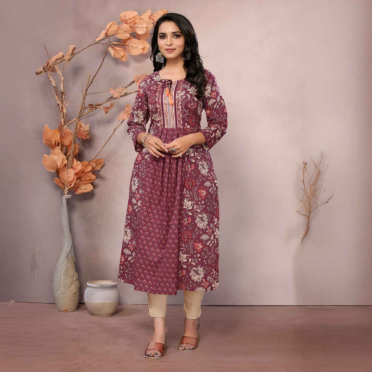 Rangita Women s Maroon Cotton Embroidered Calf Length A-Line Kurta | L