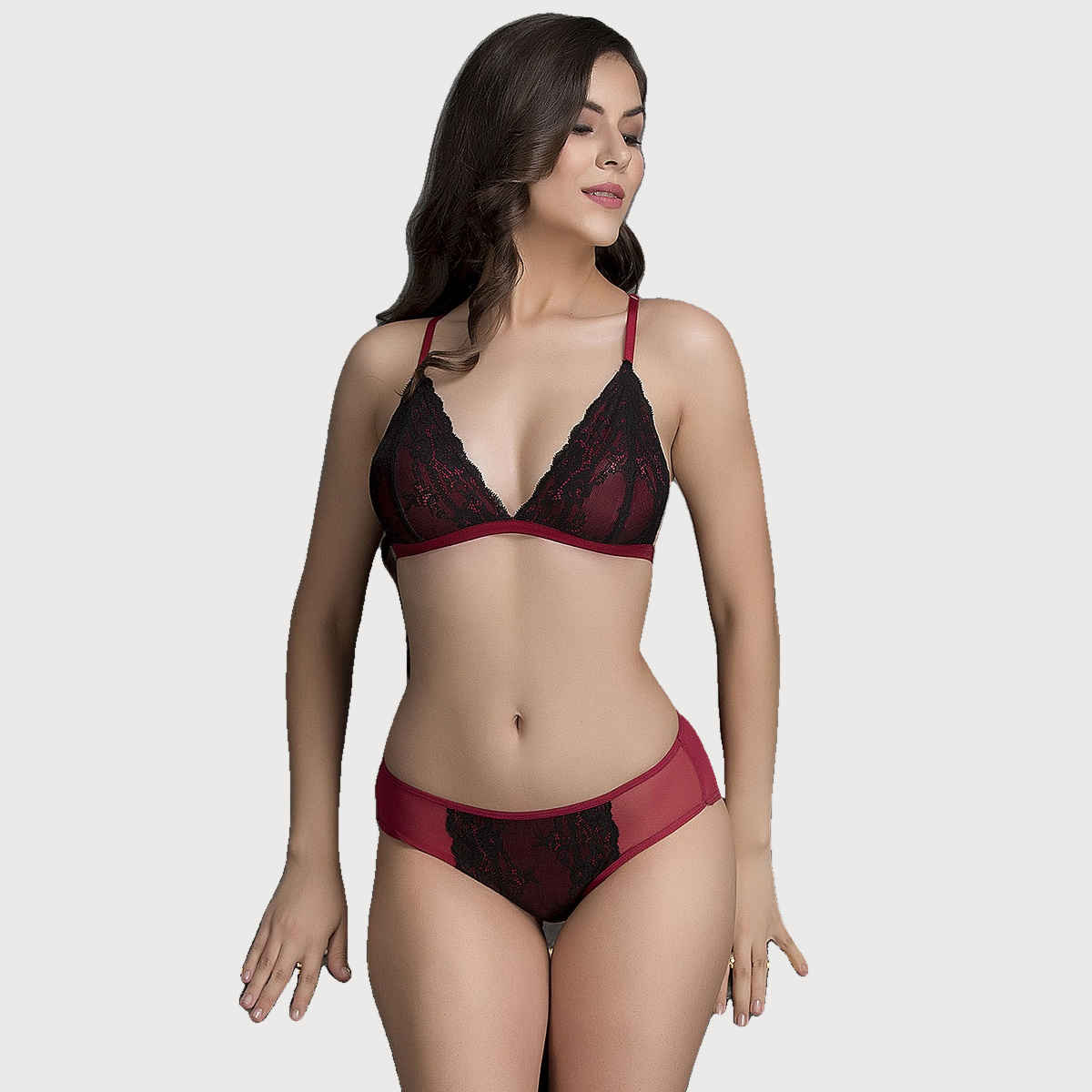 Clovia Non-Padded Non-Wired Demi Cup Plunge Bra & Low Waist Bikini Panty | BP1477P04 - Red - 38B