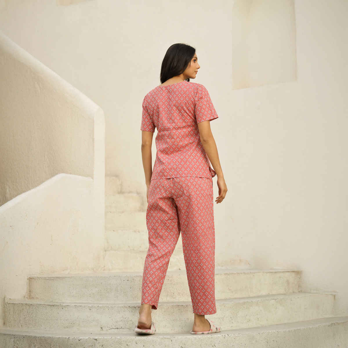 Sanskrutihomes Women's Printed Pure Cotton Night Suit | Pink - XL