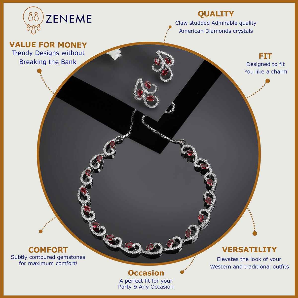 Zeneme Rhodium-Plated Silver-Toned Red American Diamond Necklace Set & Earrings For Women & Girls