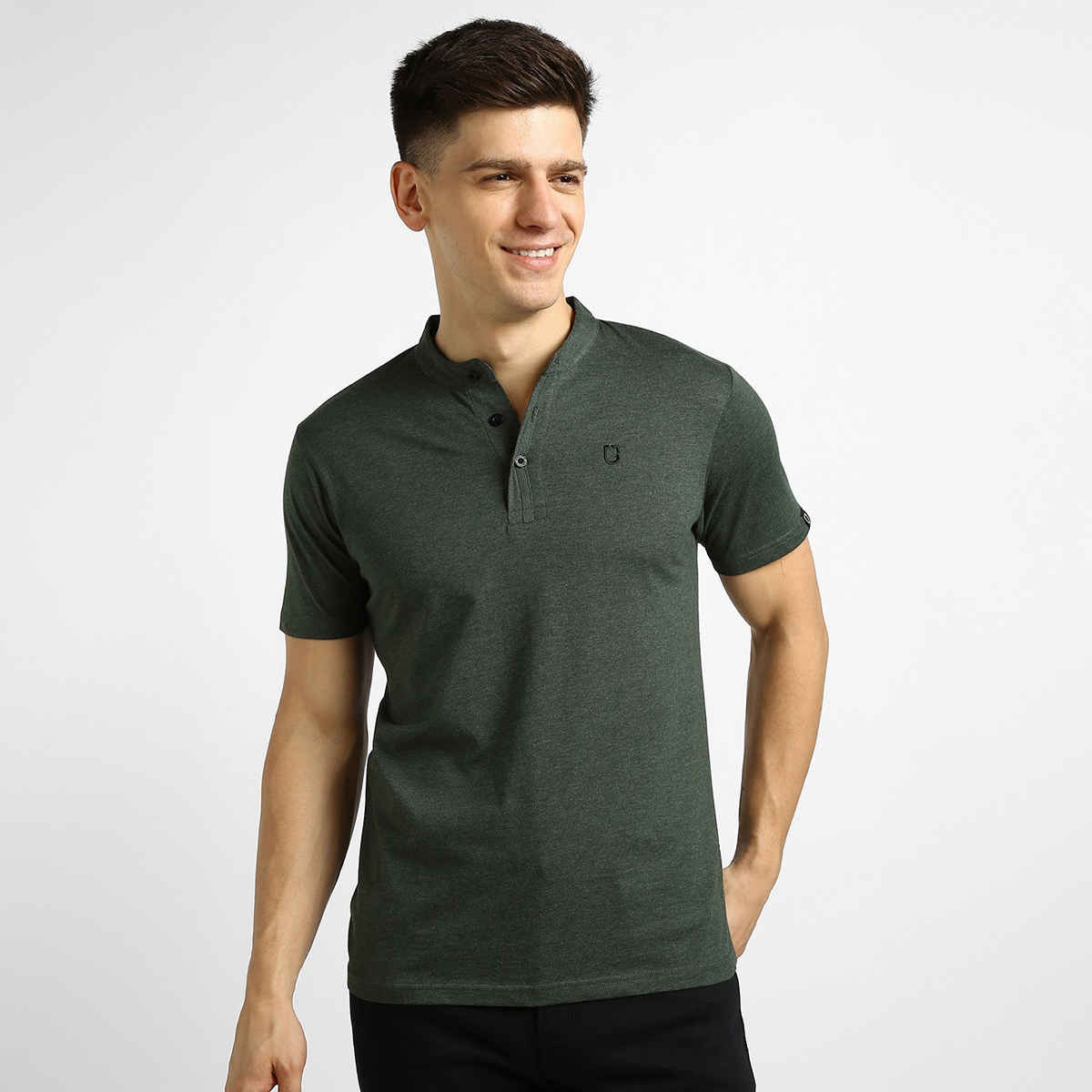 Urbano Fashion Men's Slim Fit Solid Mandarin Collar Half Sleeve Cotton T-Shirt | Green Melange - XL
