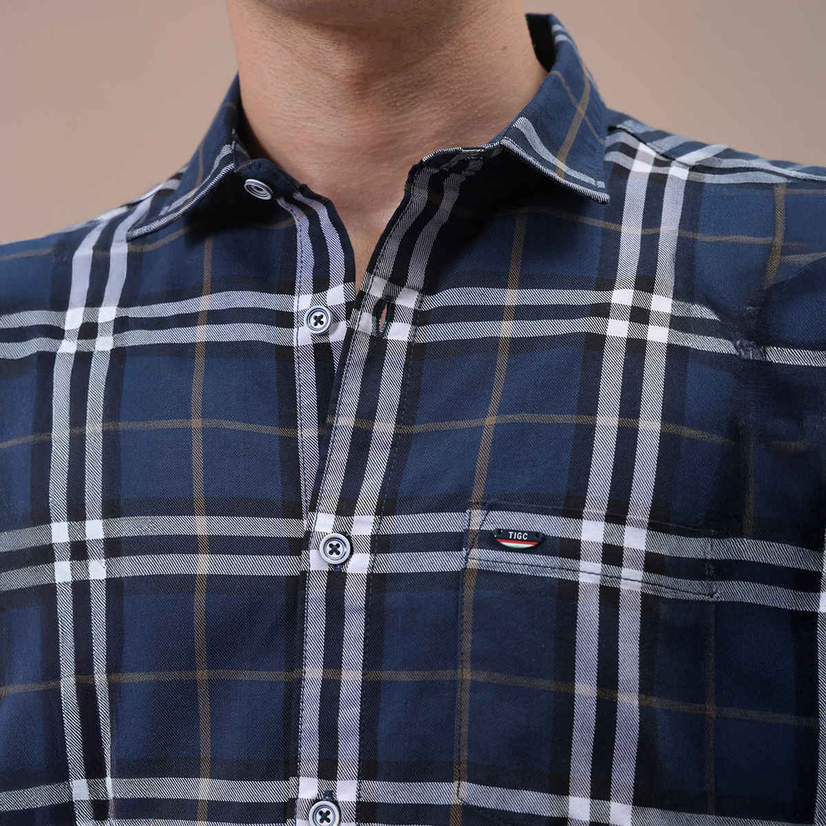 The Indian Garage Co Men's Slim Fit Checkered Casual Shirt | Navy Blue - S