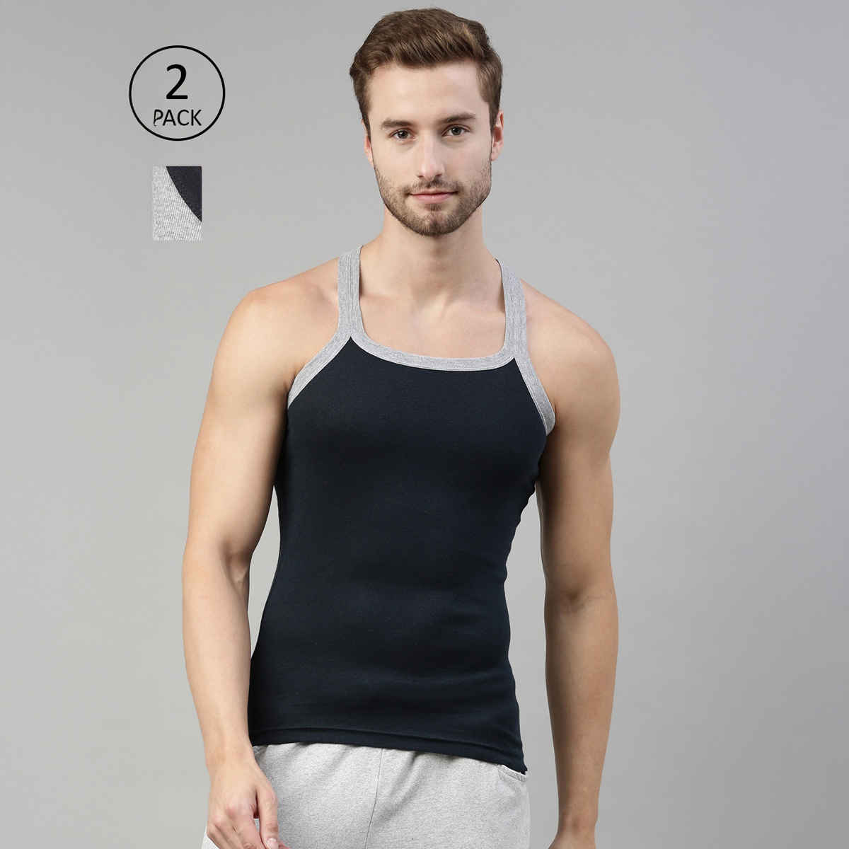 Dixcy Scott Men's 100% Combed Cotton Rib Solid Squared Neck Sleeveless Gym Vest | Grey & Navy - XL
