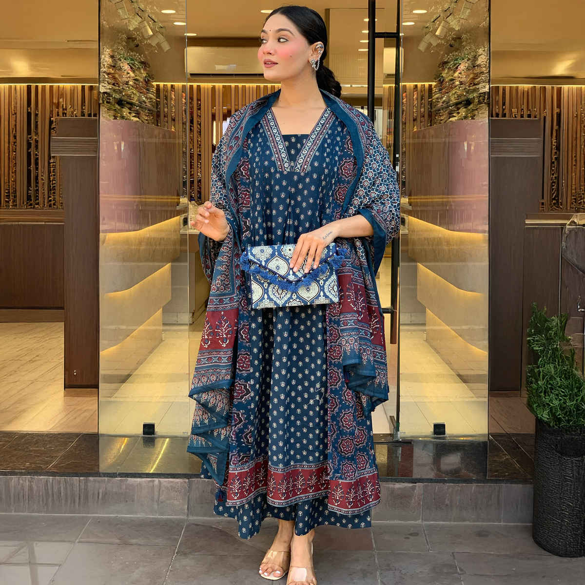 GoSriKi Women's Viscose Rayon Anarkali Printed Kurta with Pant & Dupatta | NAKULA | Blue - M