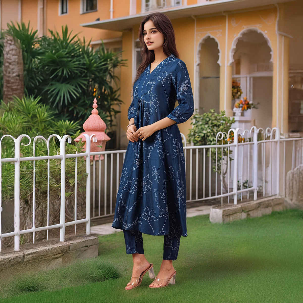 GoSriKi Women's Viscose Rayon Anarkali Printed Kurta with Pant | MARUP | Blue - M