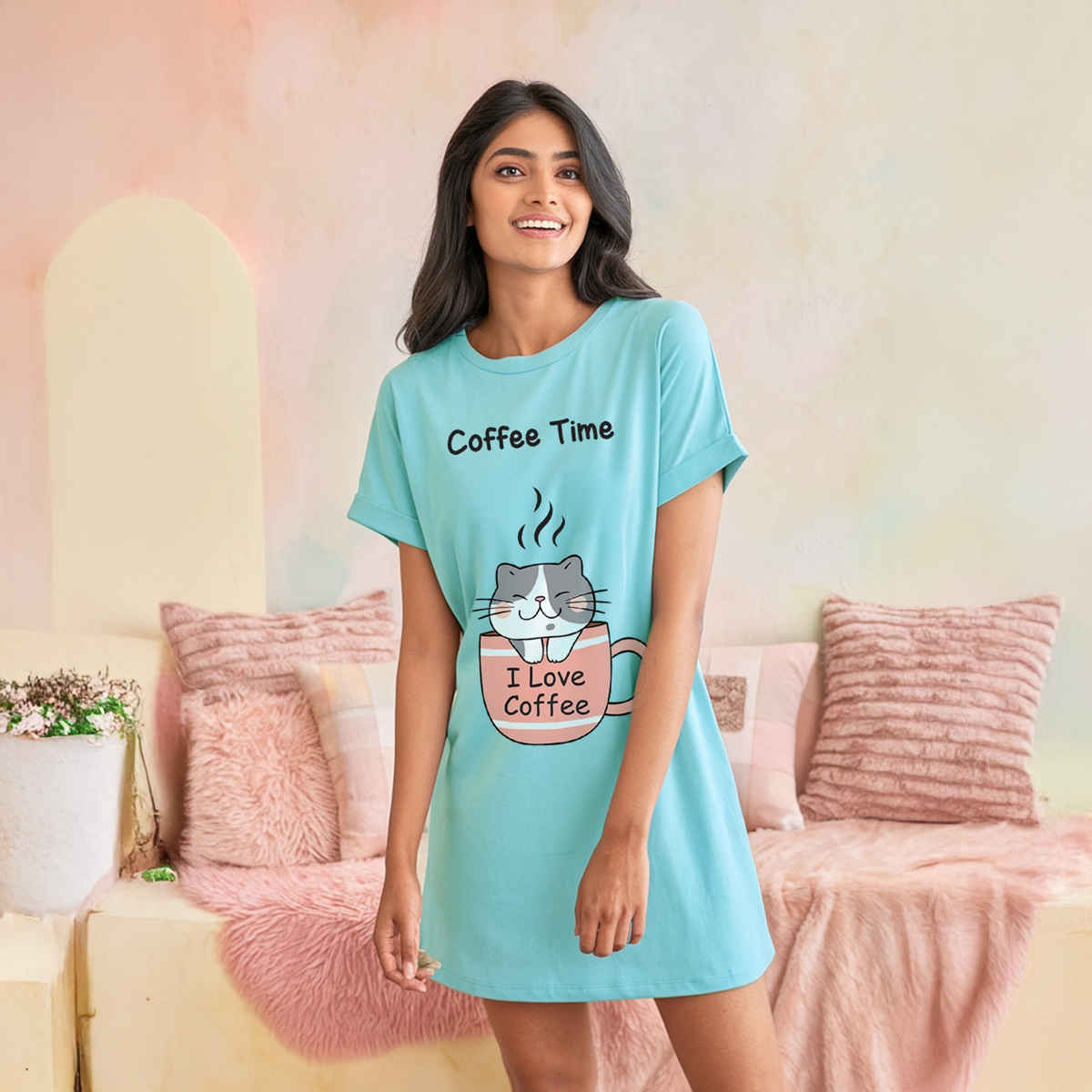 Fflirtygo Women's Cotton Long Tees | Sweet Dreams Short Nighty | White - M