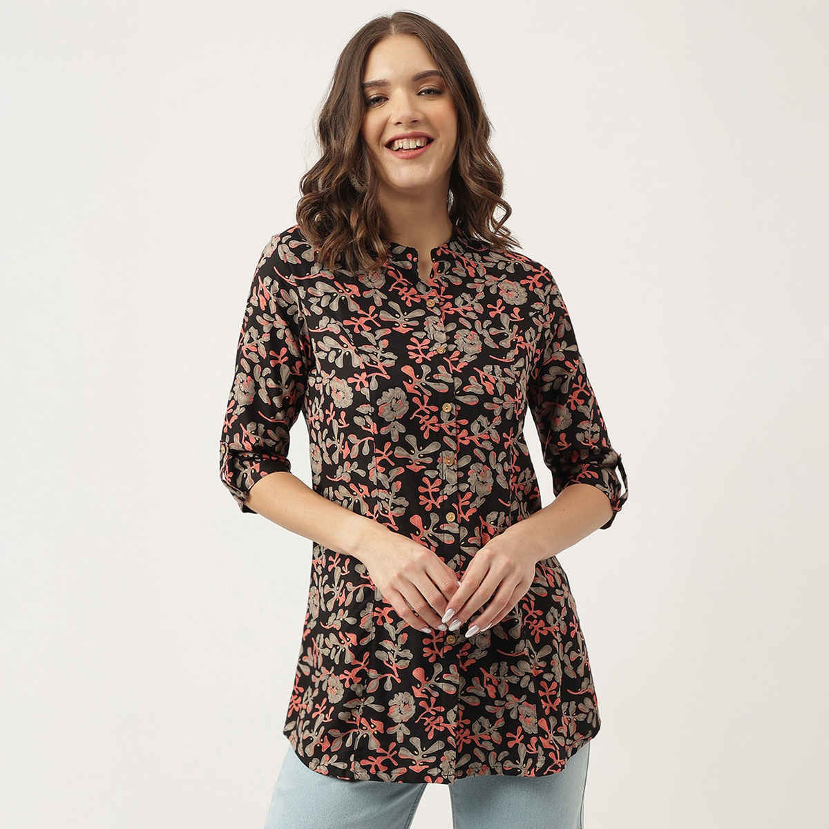 Divena Women's Floral Printed Rayon Shirt Style Tunic | DK1018 | Black | S
