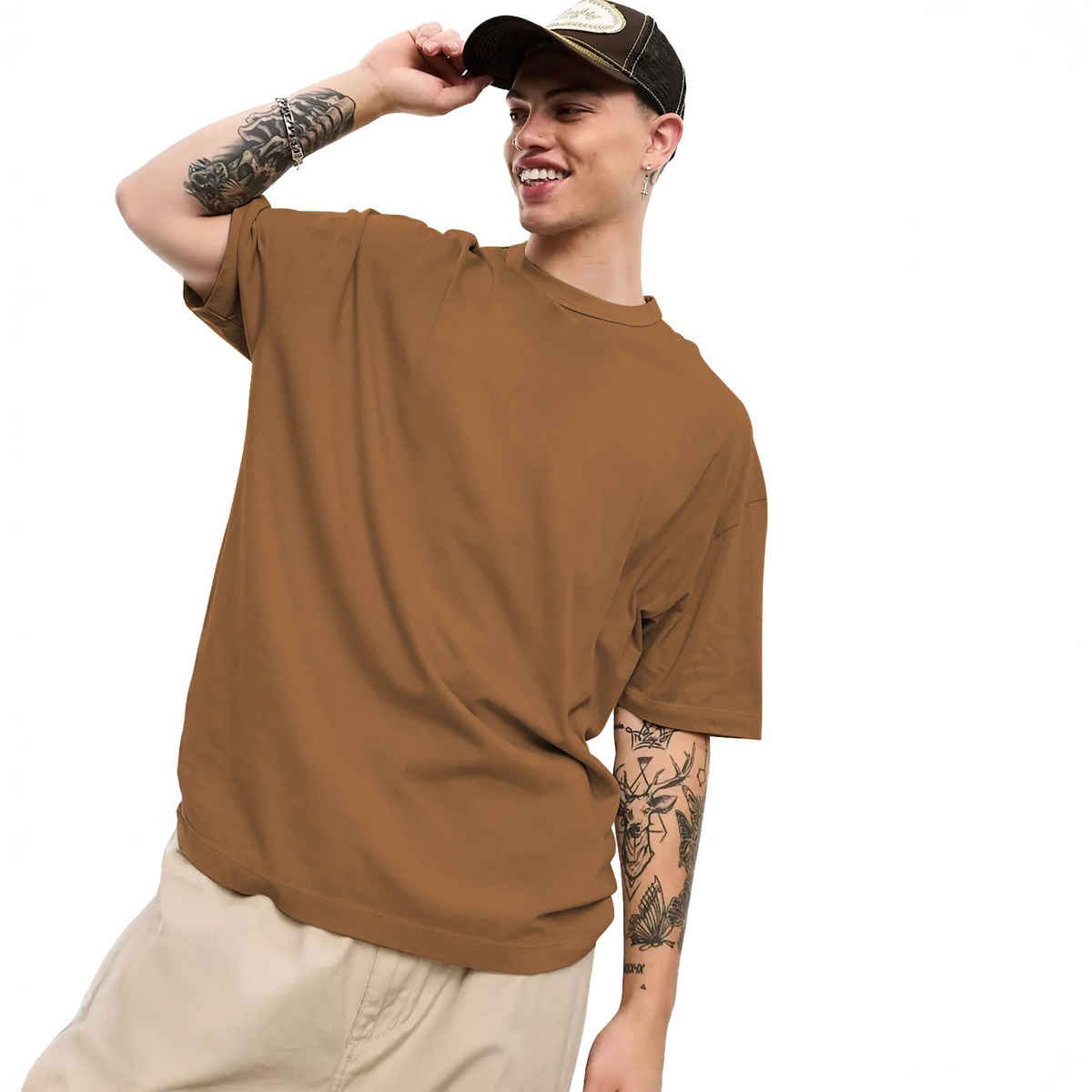 Chkokko Men's Oversized Solid Round Neck T-shirt | Golden Brown - XL