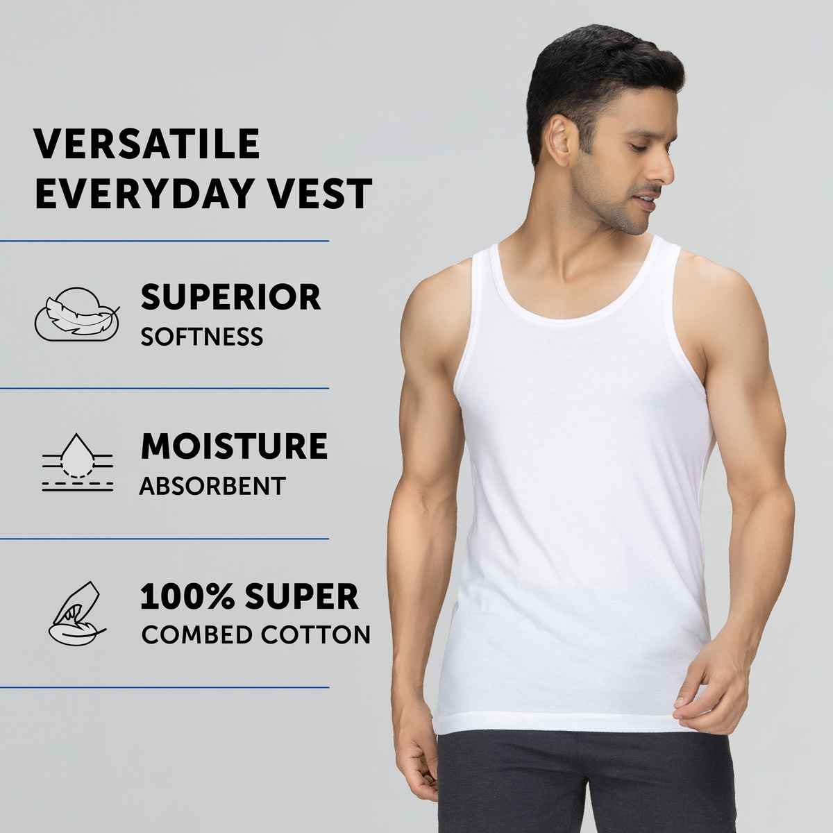 XYXX Men's Cotton Solid Vests Pack of 2, Polar White| S