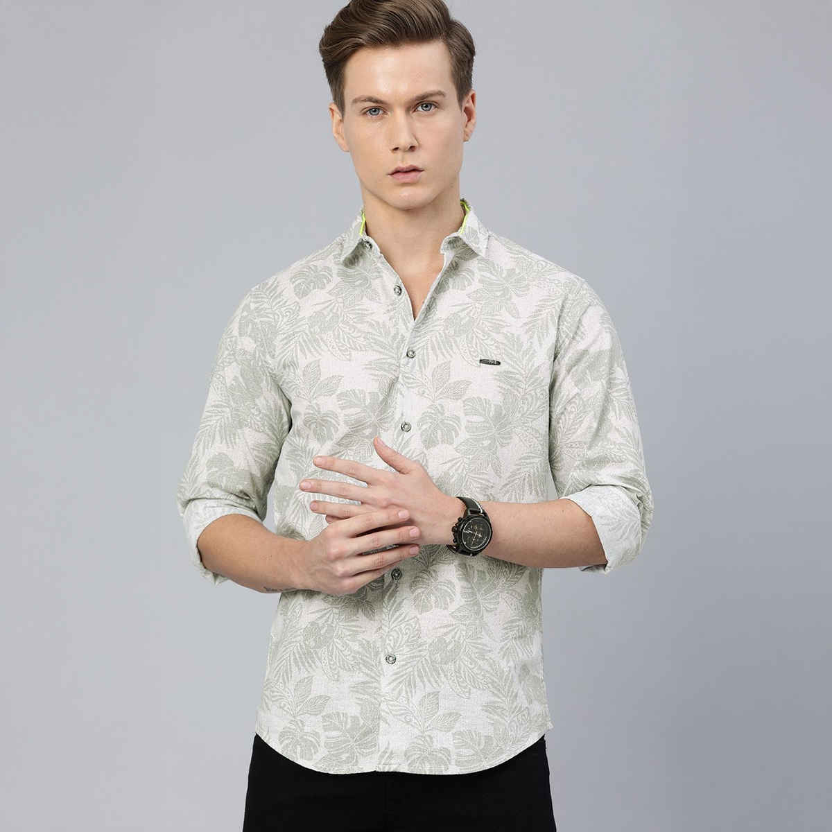 The Indian Garage Co Men's Slim Fit Tropical Casual Shirt | Grey - S