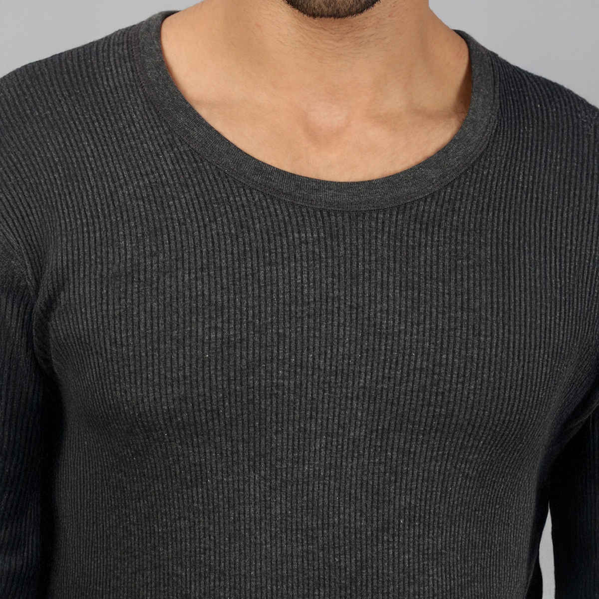Lux Cozi Men's Heatek Thermal Comfort, Stretchable & Super Warm Round Neck Top | Black Melange-85