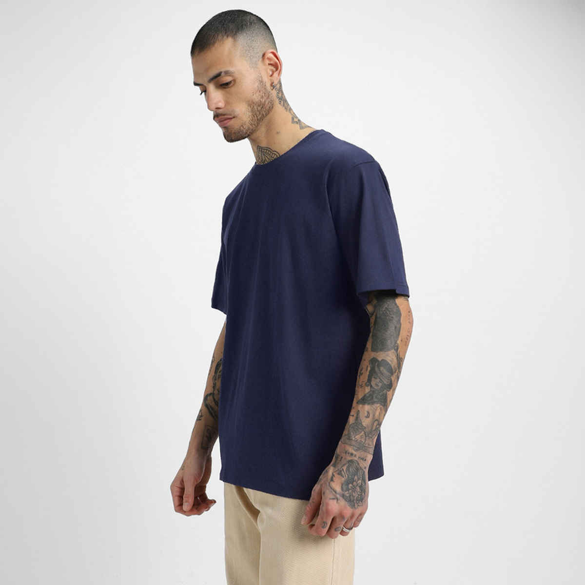 Veirdo Pure Cotton Oversized Fit Round Neck Navy T-Shirt For Men - L