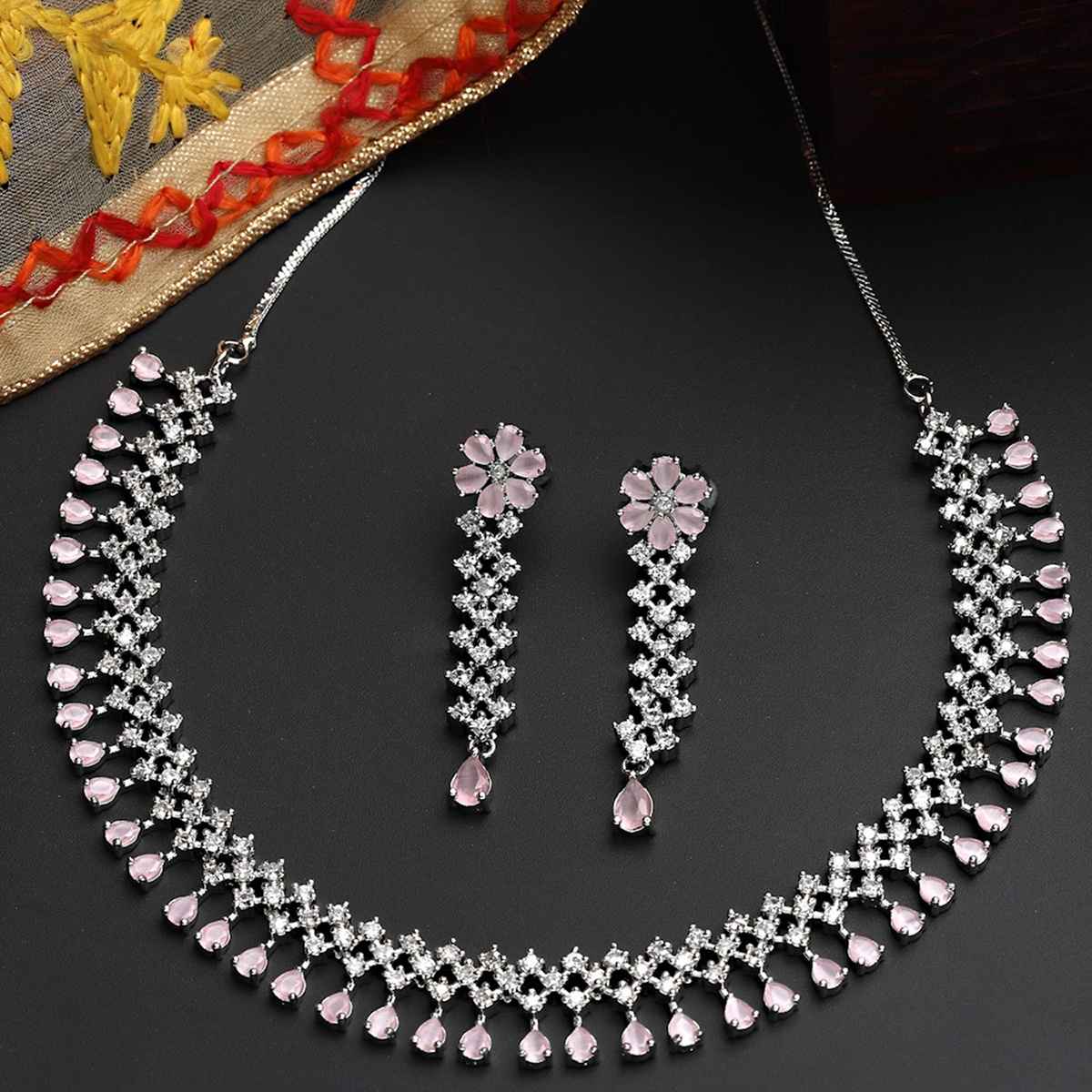 Zeneme Rhodium-Plated Pink AD-Studded Jewellery Set For Women & Girls