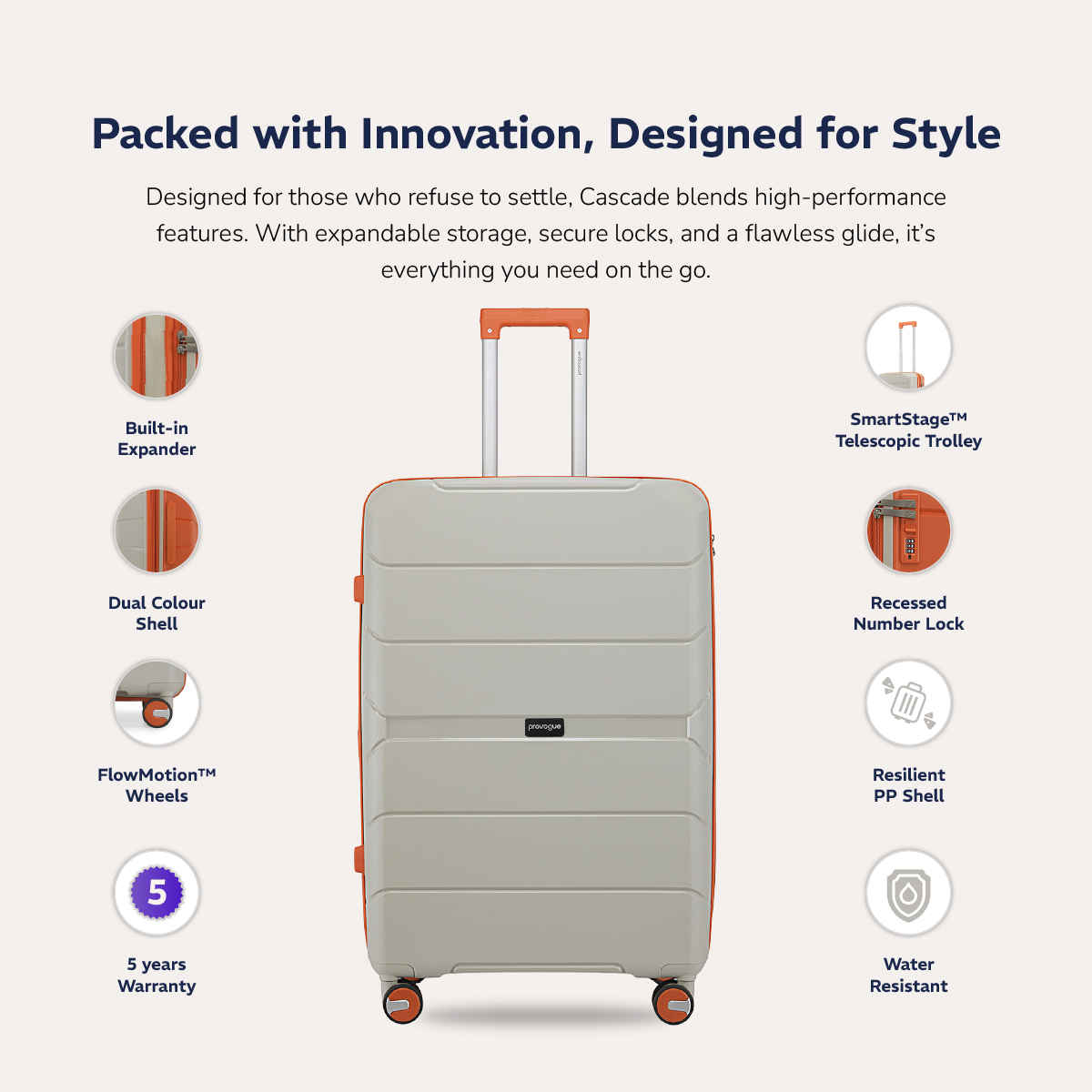 Provogue Cascade Hard-Sided PP Cabin Luggage Trolley Bag | Timberwolf Grey-Burnt Orange - 55 cm