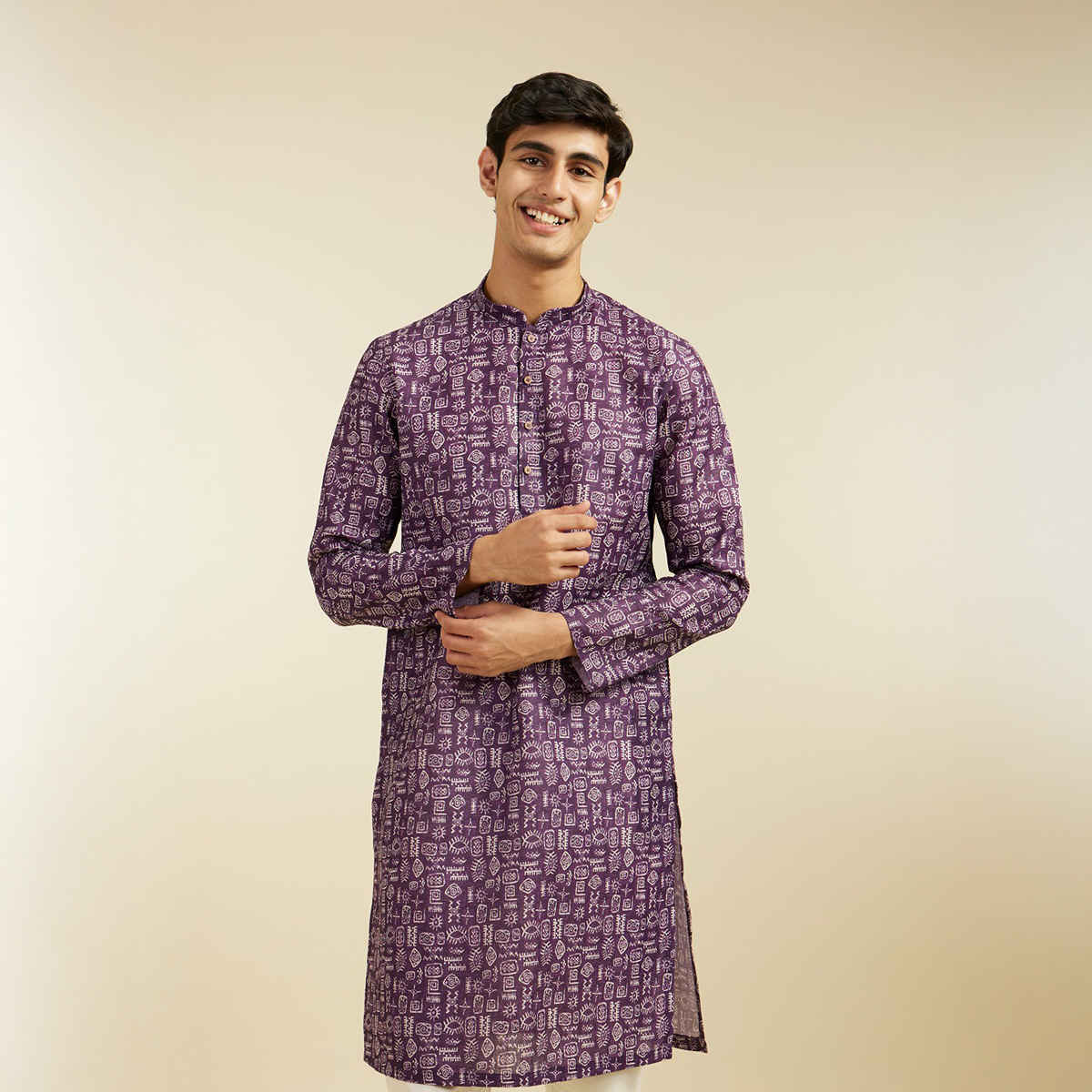 Diwas By Manyavar Purple Blended Cotton Abstract Printed Kurta Set | L