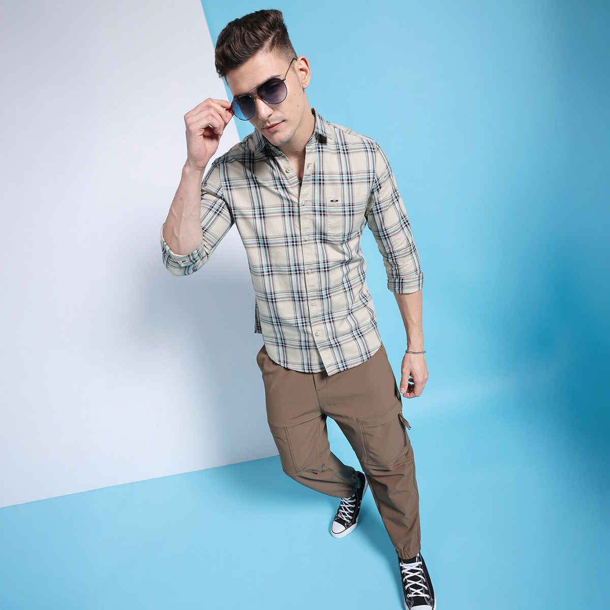 The Indian Garage Co Men's Slim Fit Checkered Casual Shirt | Khaki - XL