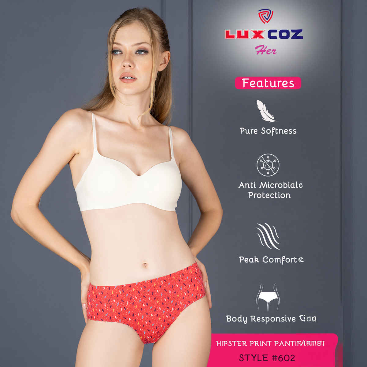 Lux Cozi Her Pure Cotton Hipster Printed Panty | Multicolor | Size-90 | Pack Of 4