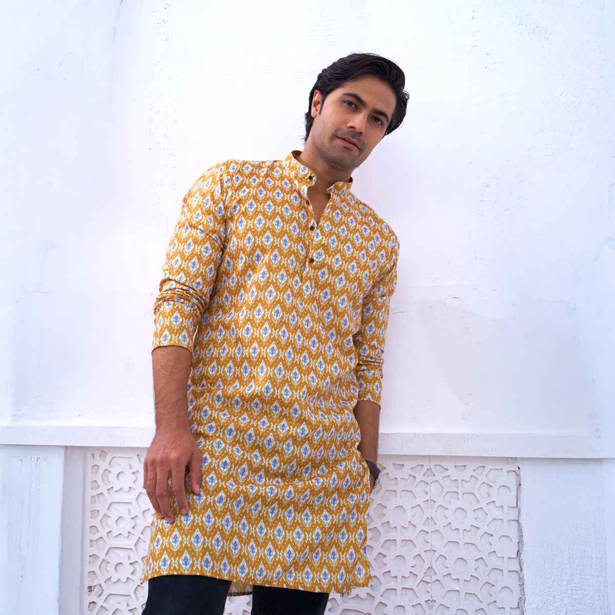 House Of Festivals Men's Printed Cotton Blend Long Kurta | Yellow - XL