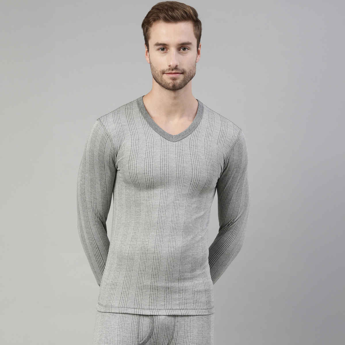 Dixcy Scott Original's Men's Solid V - neck Long Sleeve Thermal Top | Grey Melange - S