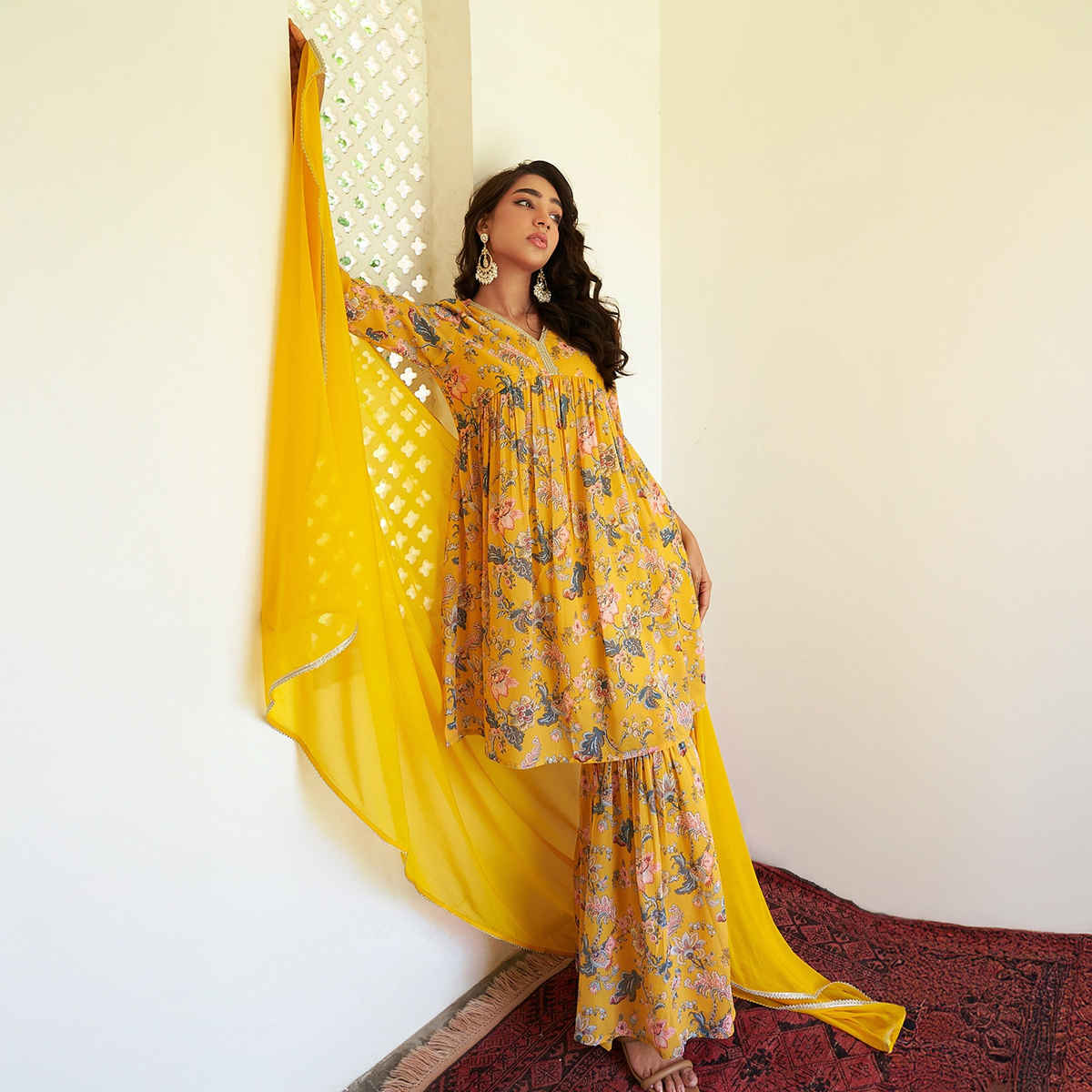 Janasya Women's Yellow Georgette Digital Floral Printed Kurta with Sharara and Dupatta | XL