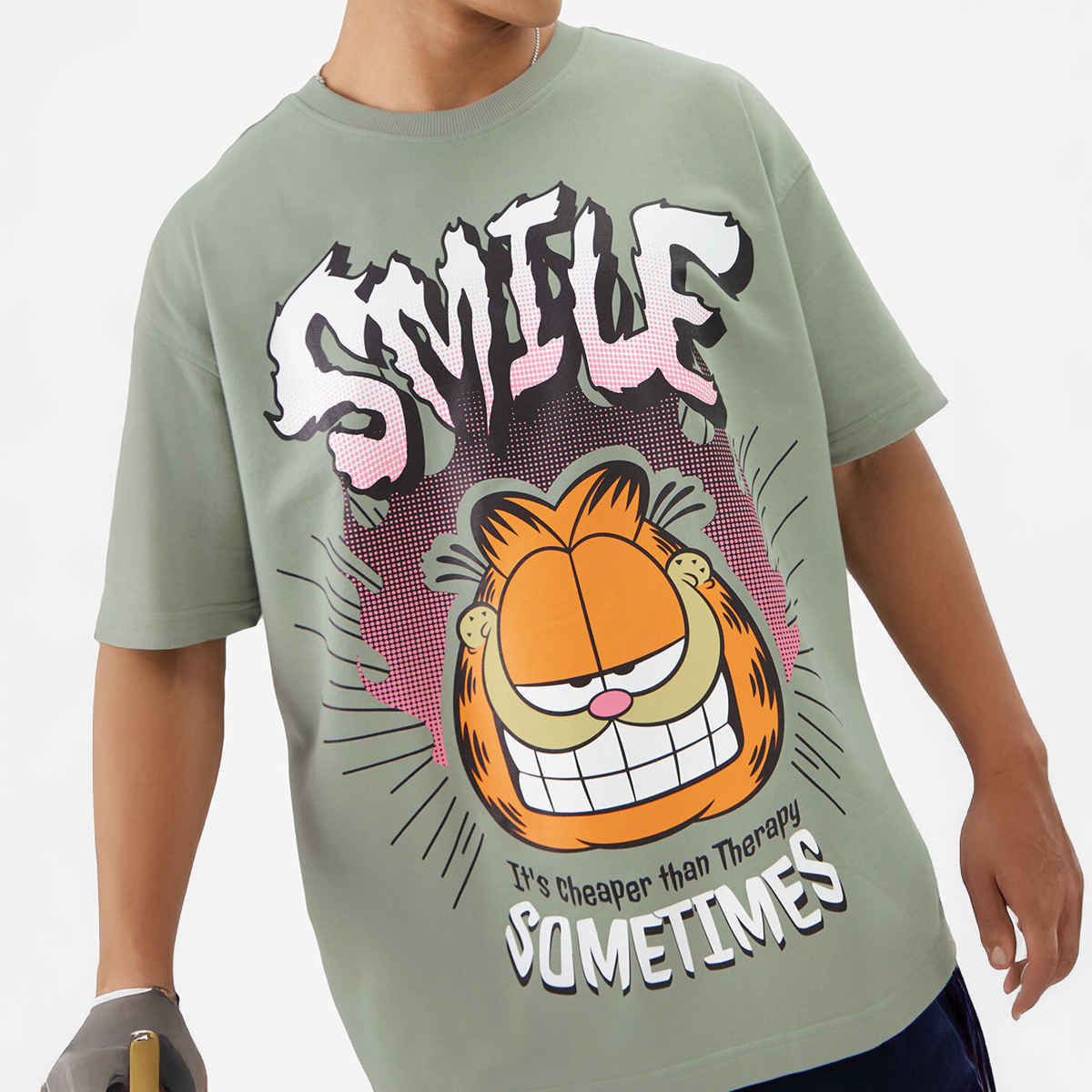 The Souled Store Men's Garfield Smile Oversized T-shirt | Green - S