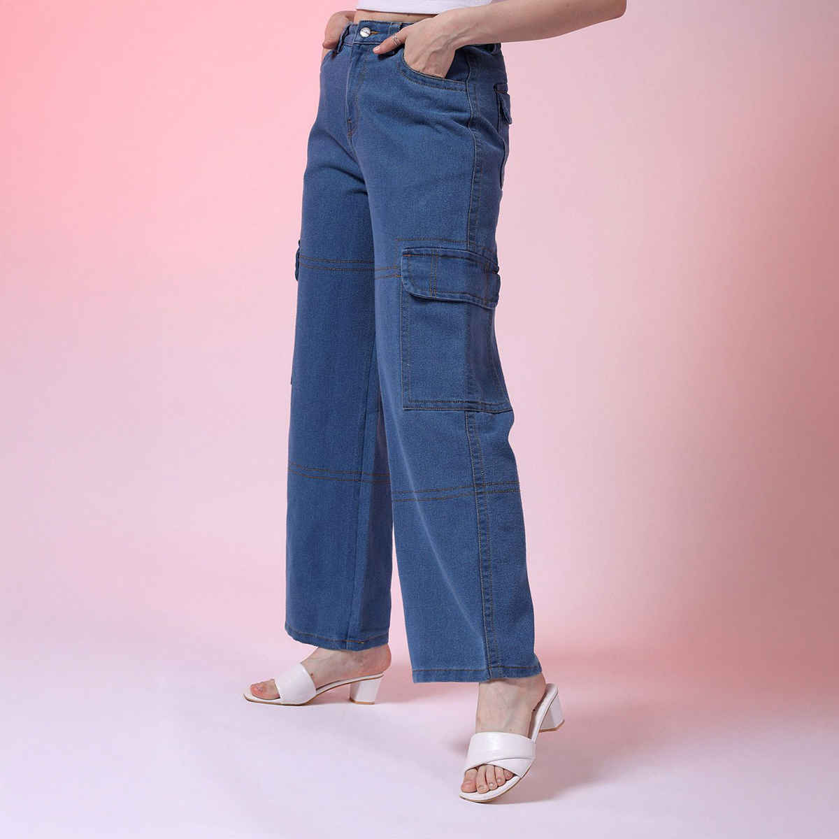 Freehand Women's Top Stitched Baggy Cargo Denim With Flap Pocket | Blue - 30