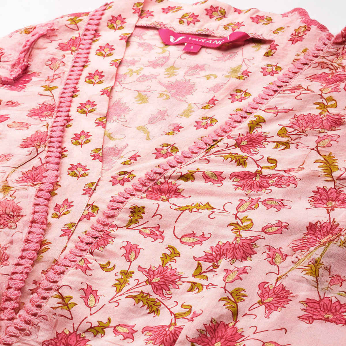 Varanga Women's V-Neck Collar Kurta Paired with Tonal Dupatta And Tonal Bottom | Pink - L