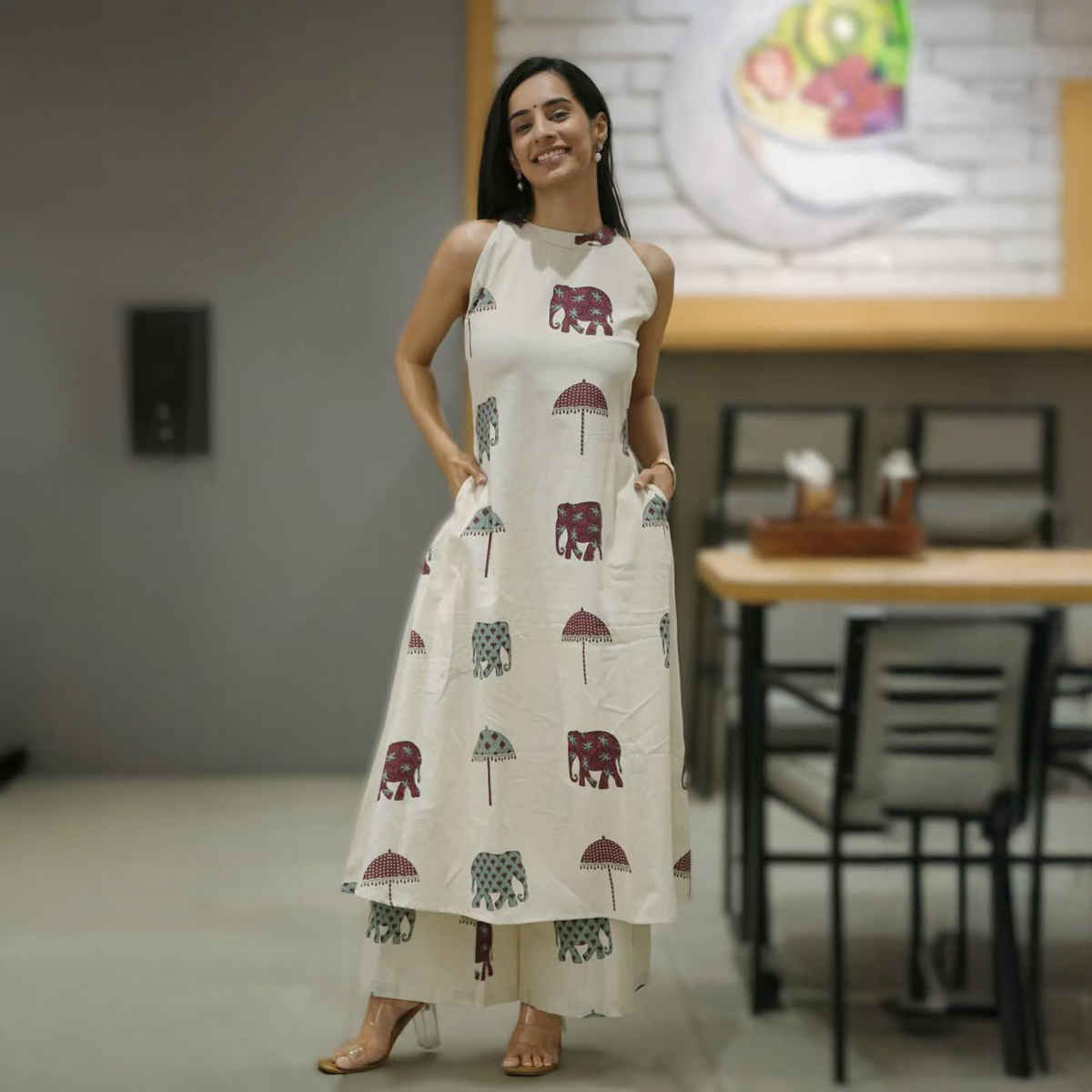 GoSriKi Women's Viscose Rayon Anarkali Printed Kurta with Palazzo | SURAI | White - S