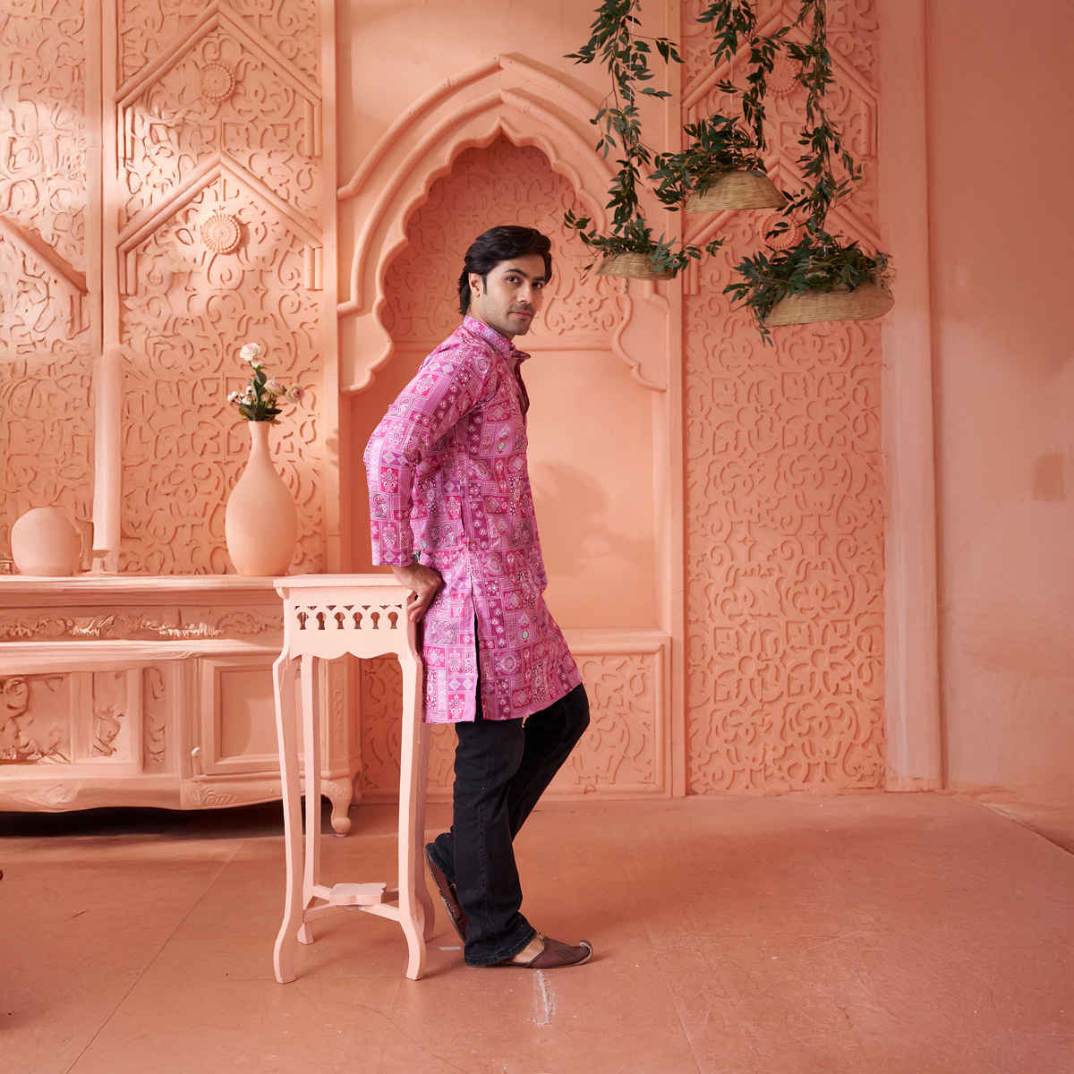 House Of Festivals Men's Printed Cotton Blend Long Kurta | Purple - S