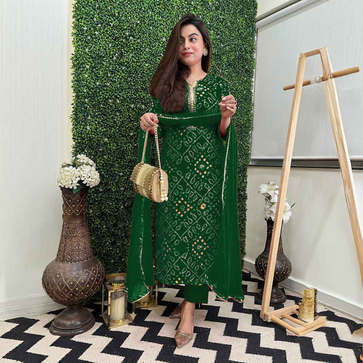 GoSriKi Women's Rayon Blend Straight Printed Kurta with Pant & Dupatta | TURAE | Green - S