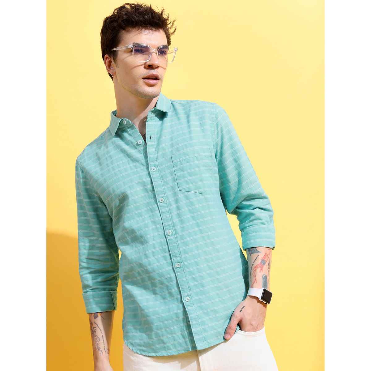 Ketch Men Horizontal Striped Slim Fit Casual Shirt | Green | S