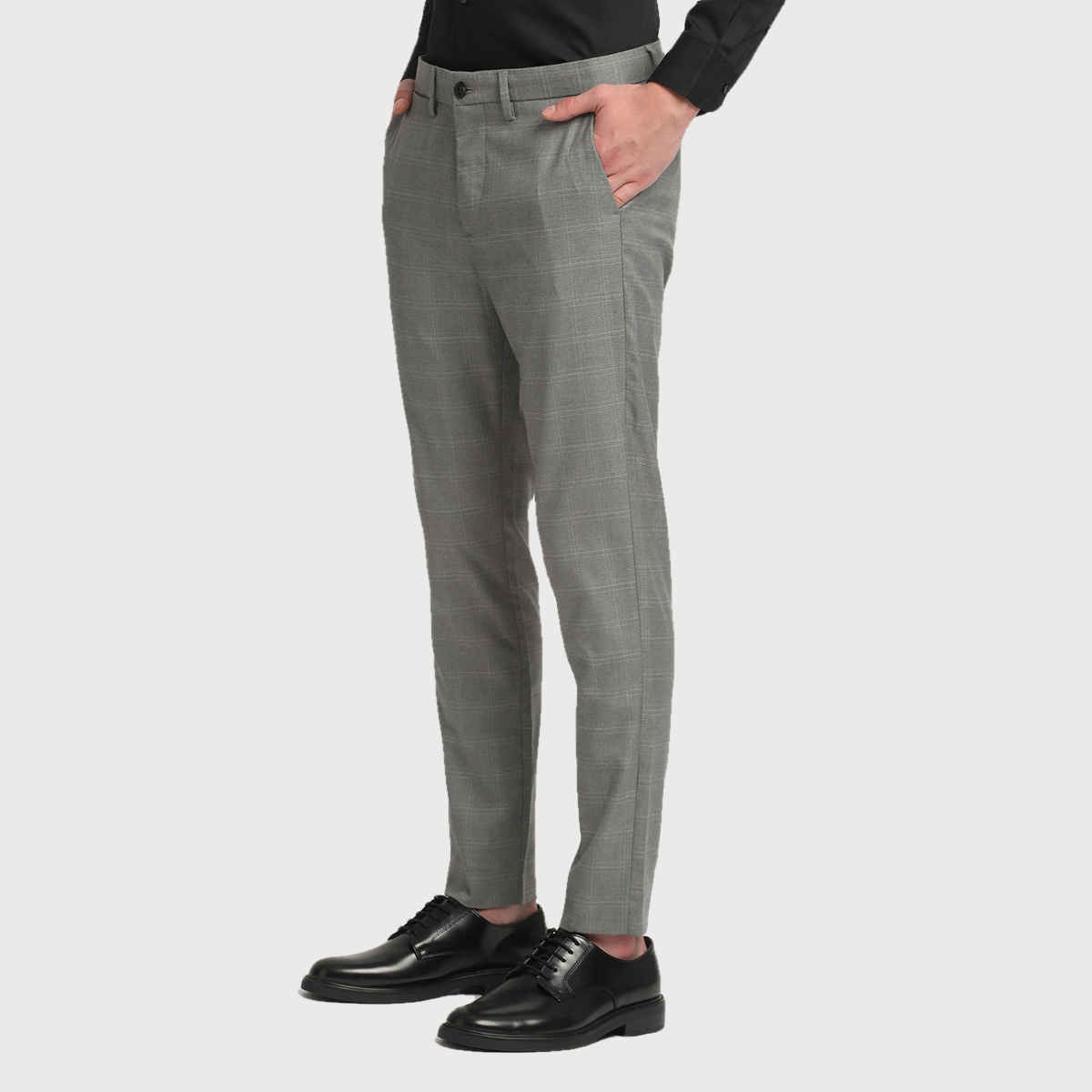 The Bear House Men Slim Fit Checked Polyester Blend Formal Trouser - Caneel | Grey | 30