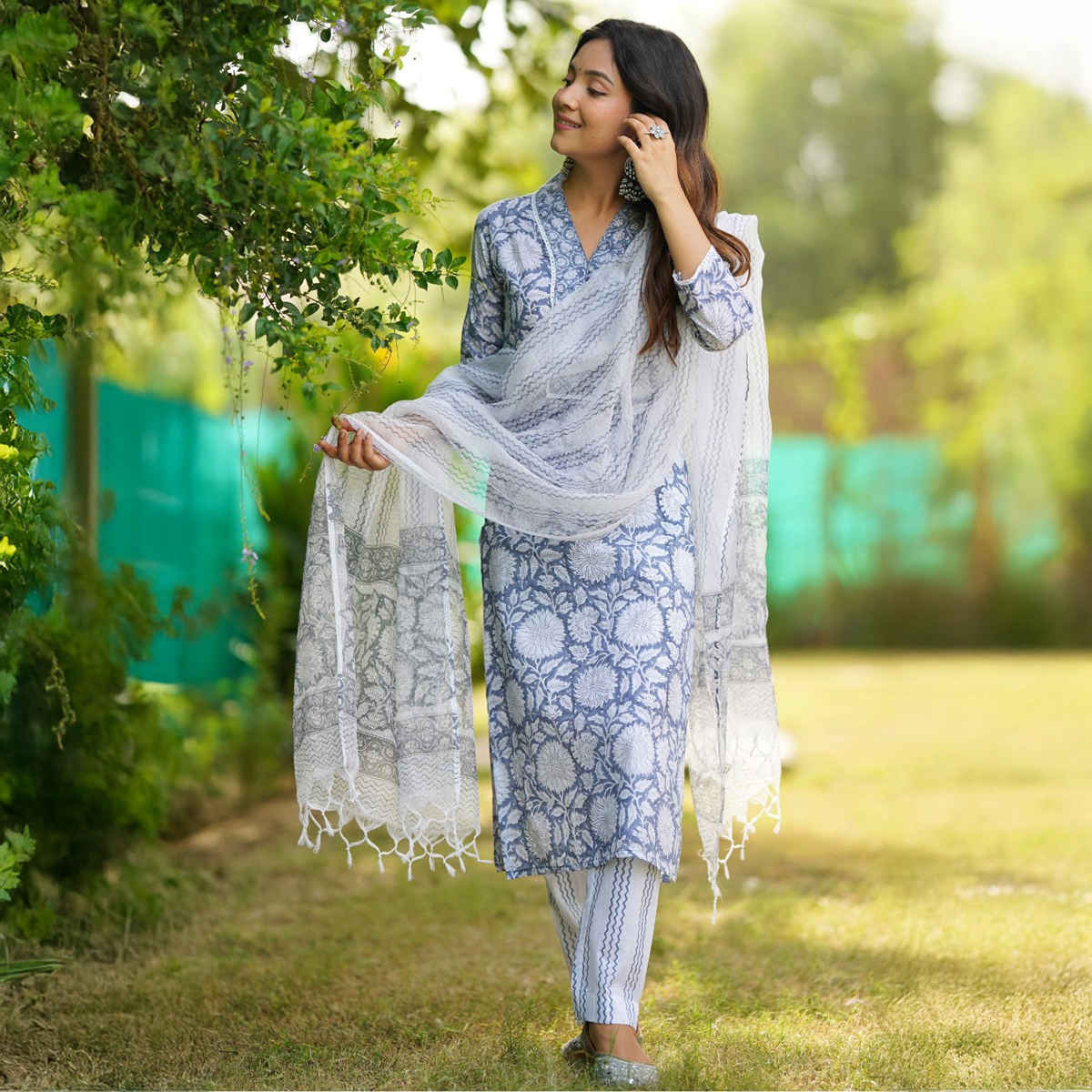 Divena Women s Sky blue Hand Block Printed Straight kurta Pant Set with Dupatta | DK0755 | M