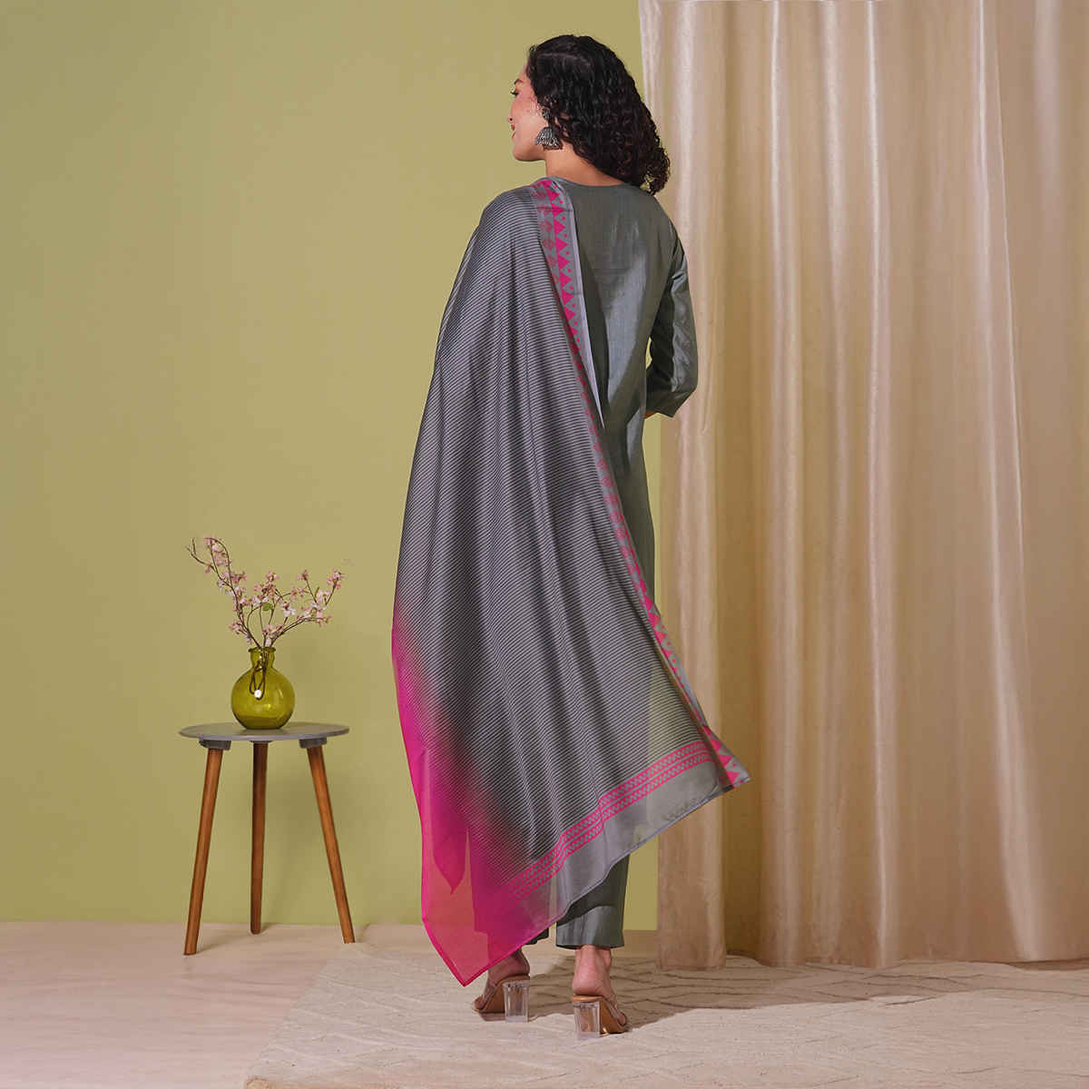 GoSriKi Women's Viscose Rayon Straight Solid Kurta with Pant & Dupatta | MOGUL | Grey - M