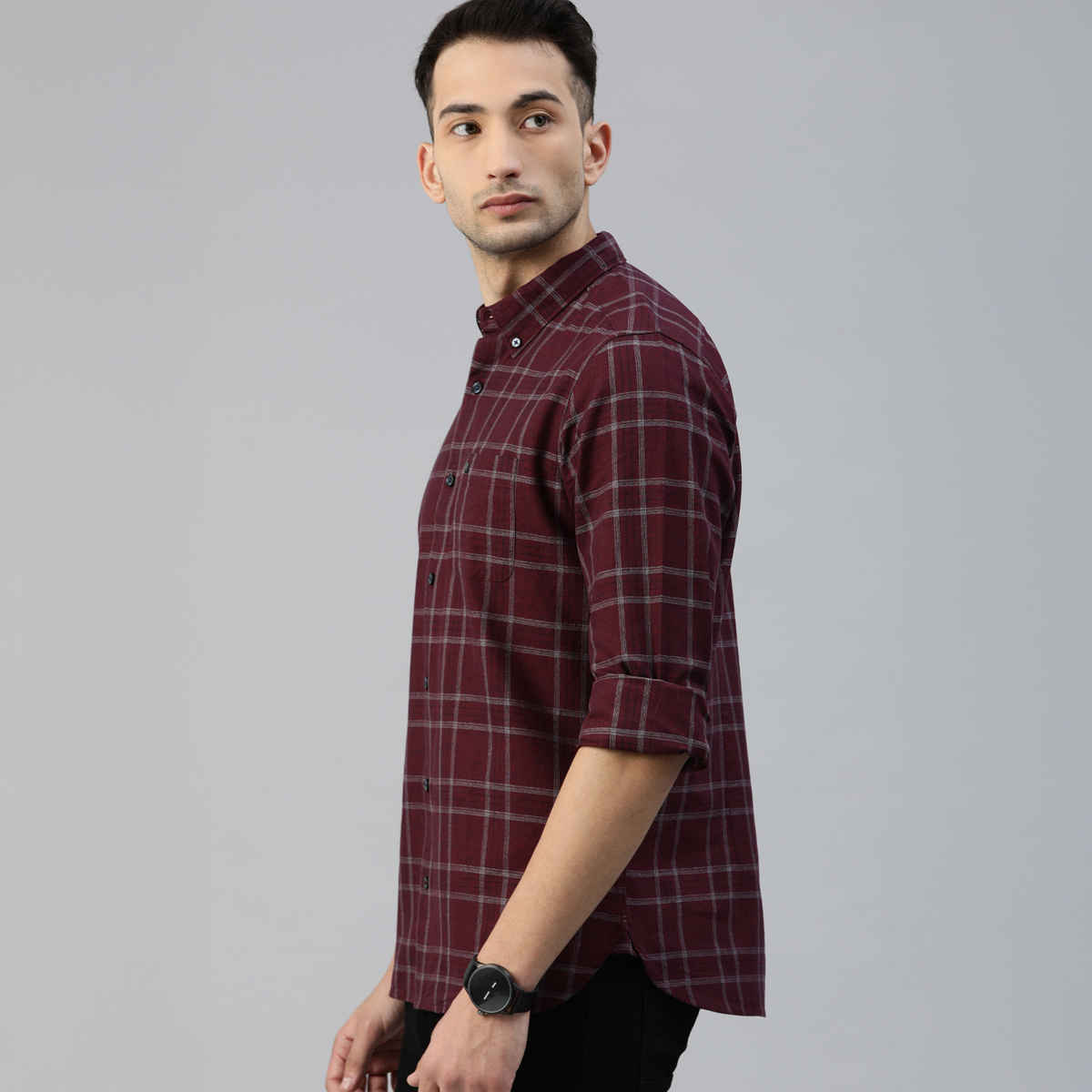 The Bear House Men Slim Fit Checked Button-Down Casual Shirt - Andreas | Maroon | XXL