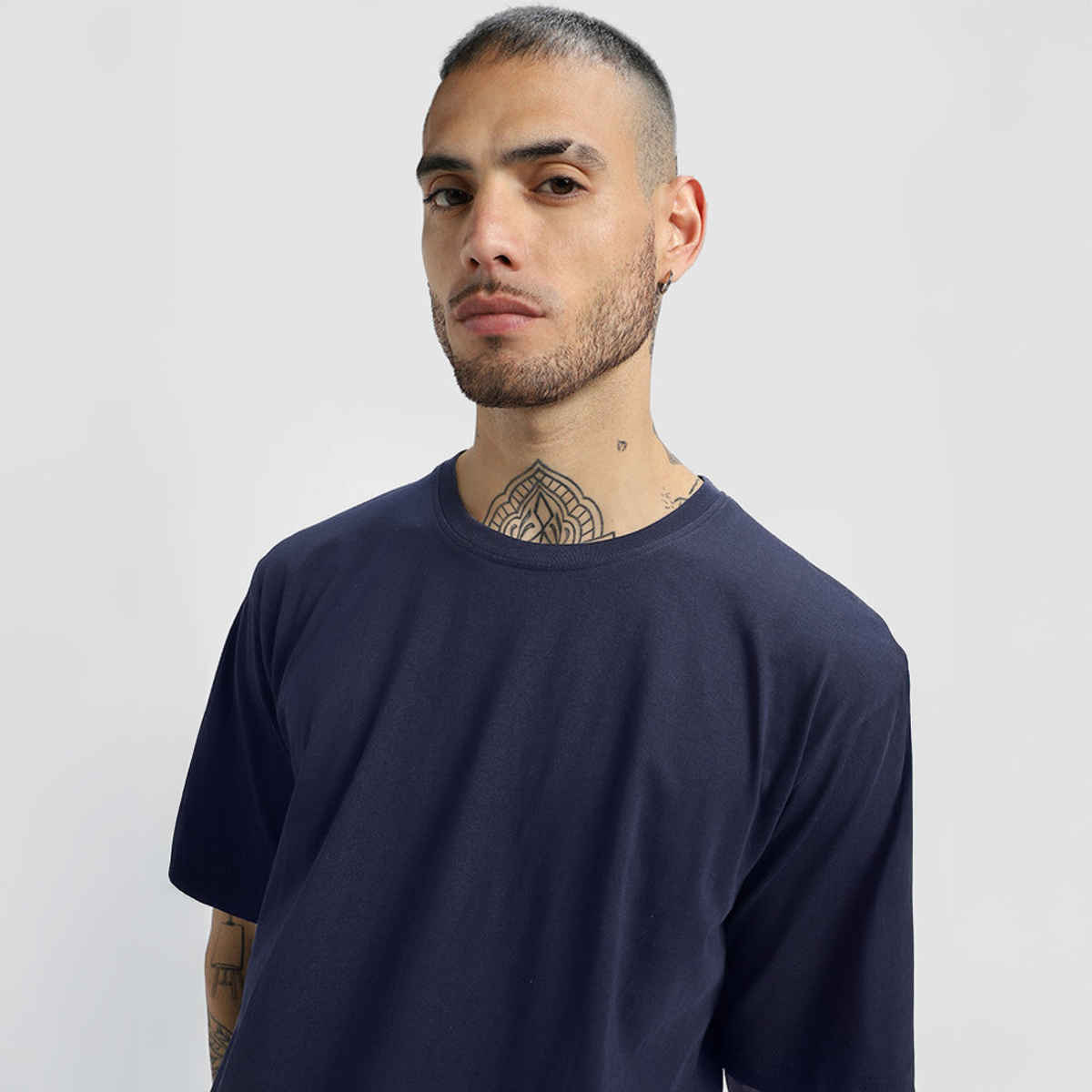 Veirdo Pure Cotton Oversized Fit Round Neck Navy T-Shirt For Men - M