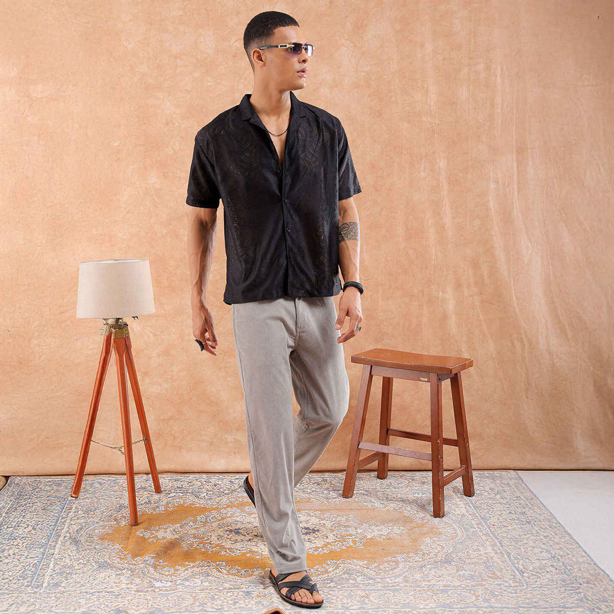 The Indian Garage Co Men's Relaxed Fit Solid Resort Half Sleeve Shirt | Black - L