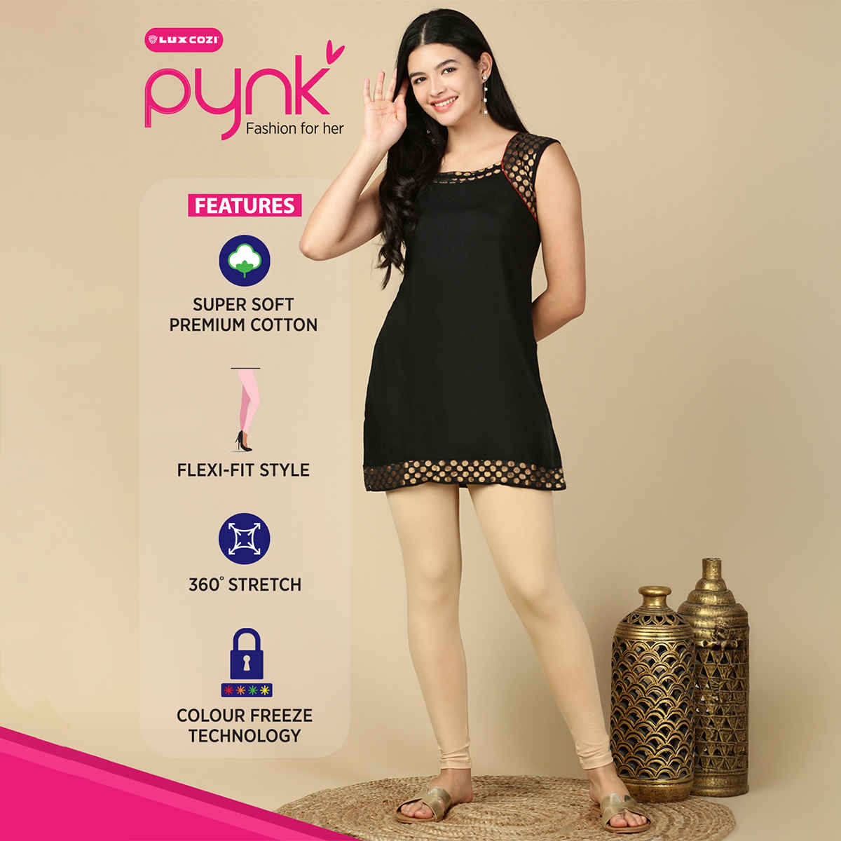 PYNK By Lux Cozi Women Flexi-fit 360 Stretch Ankle Length Premium Cotton Leggings| Skin | Free Size