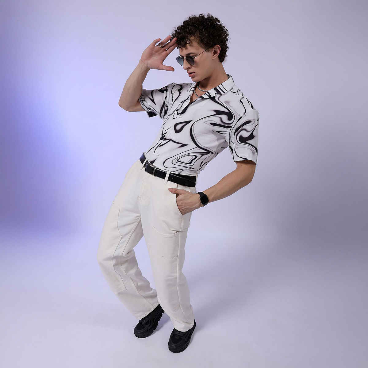 The Indian Garage Co Men's Relaxed Fit Abstract Print Resort Half Sleeve Shirt | White - M