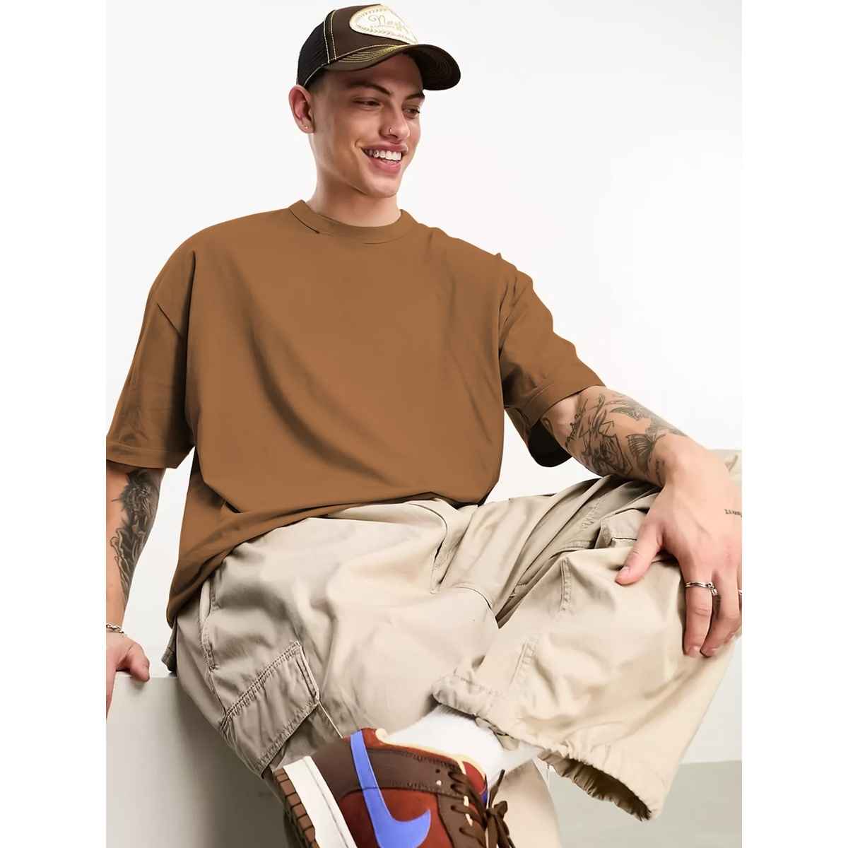 Chkokko Men's Oversized Solid Round Neck T-shirt | Golden Brown - XL